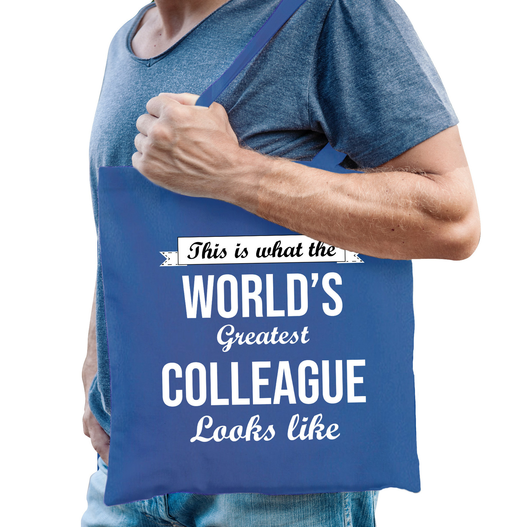 Cadeau tas voor collega - blauw - katoen - 42 x 38 cm - world's greatest colleague -
