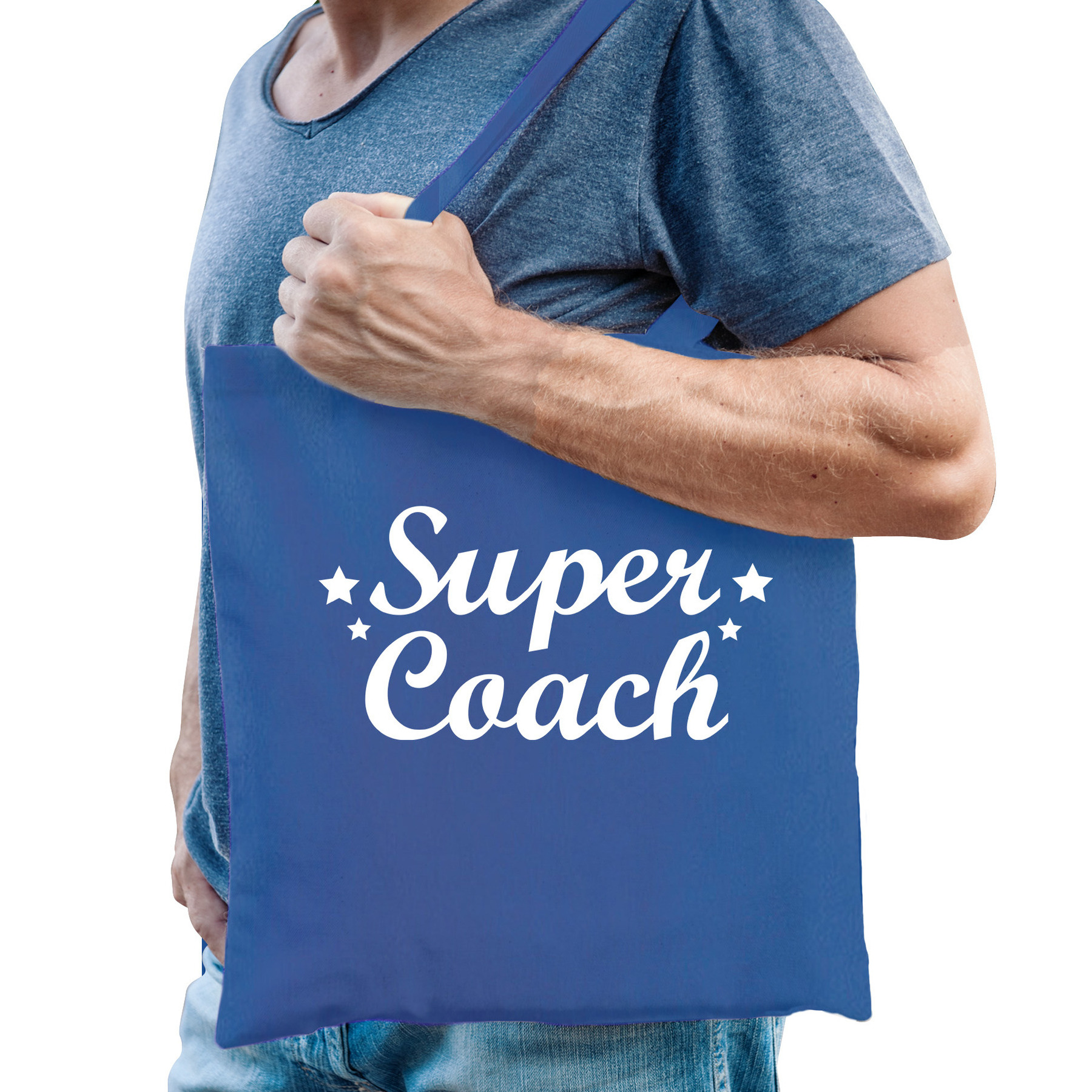 Cadeau tas voor coach/trainer - blauw - katoen - 42 x 38 cm - super coach -