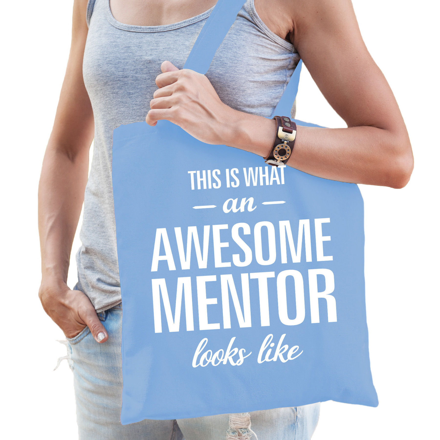 Cadeau tas voor mentor - lichtblauw - katoen - 42 x 38 cm - juffen/meesterdag -