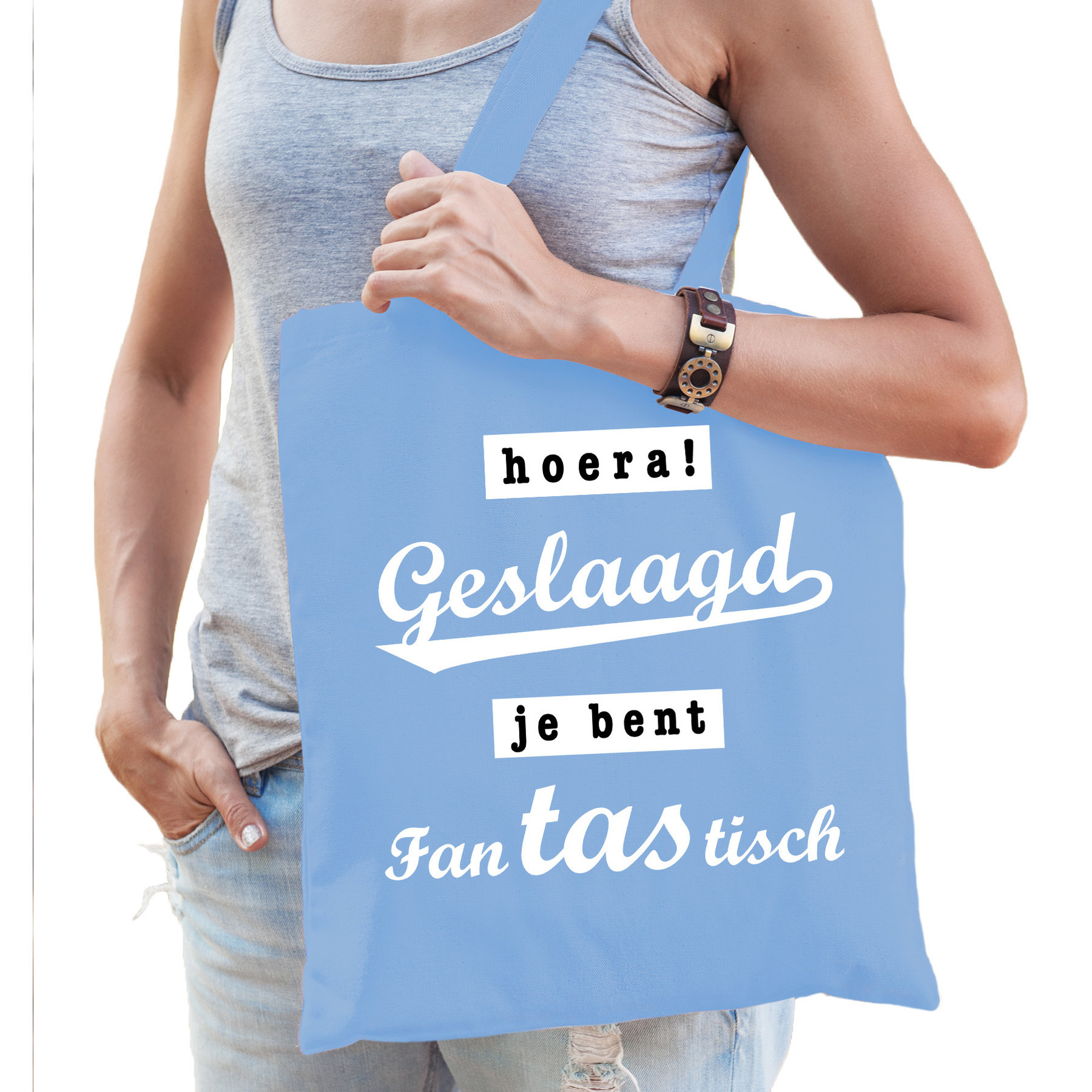 Cadeau tas geslaagd/afgestudeerd - lichtblauw - katoen - 42 x 38 cm -