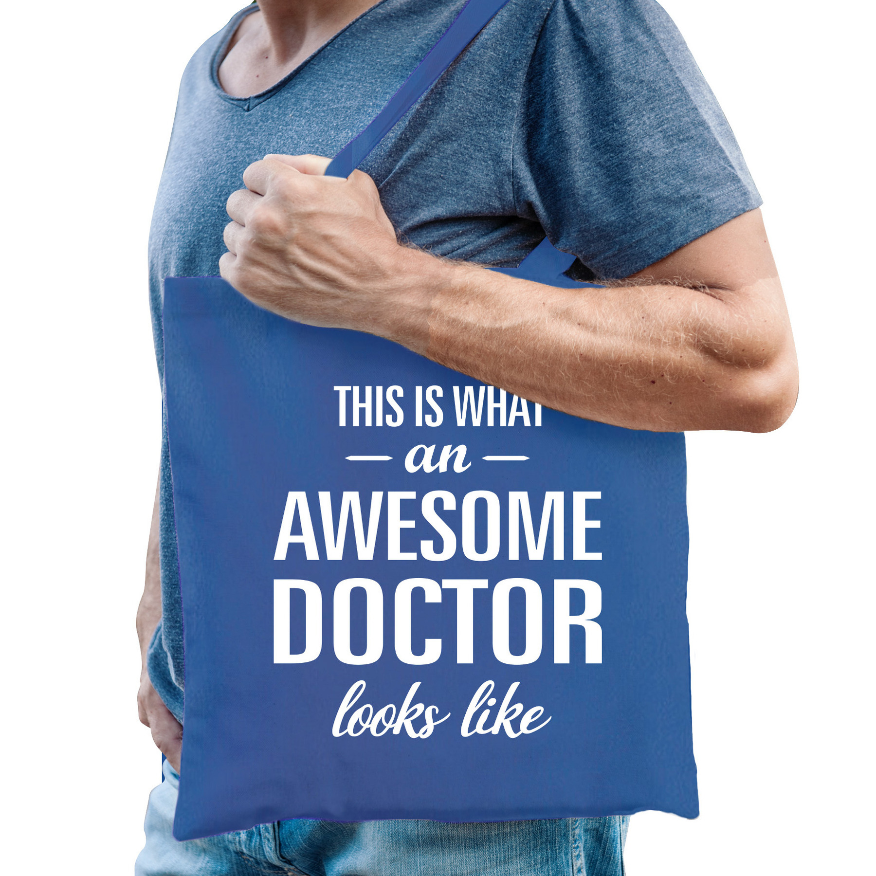 Cadeau tas voor dokter - blauw - katoen - 42 x 38 cm - awesome doctor -