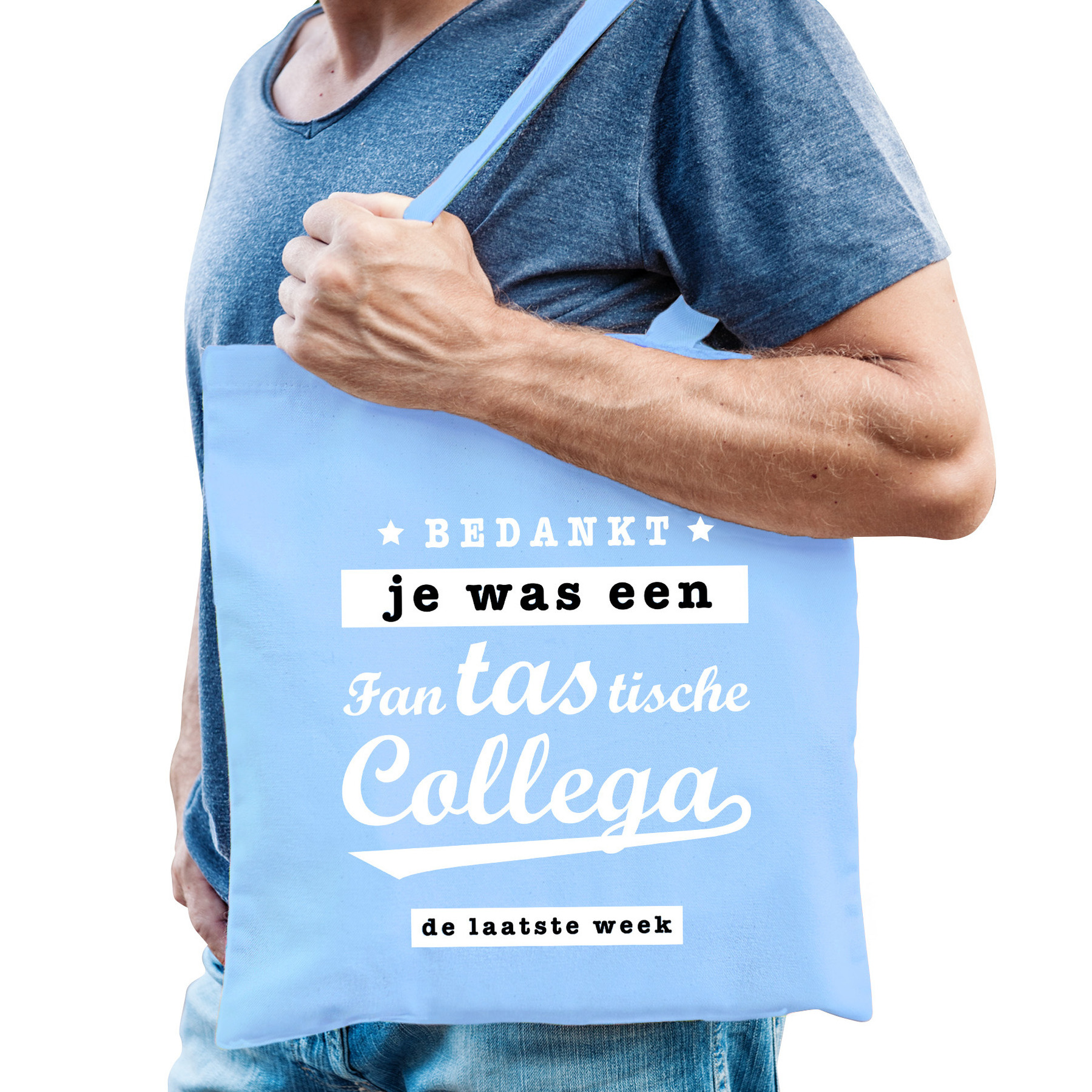 Cadeau tas voor collega - bedankt/afscheid - lichtblauw - katoen - 42 x 38 cm -