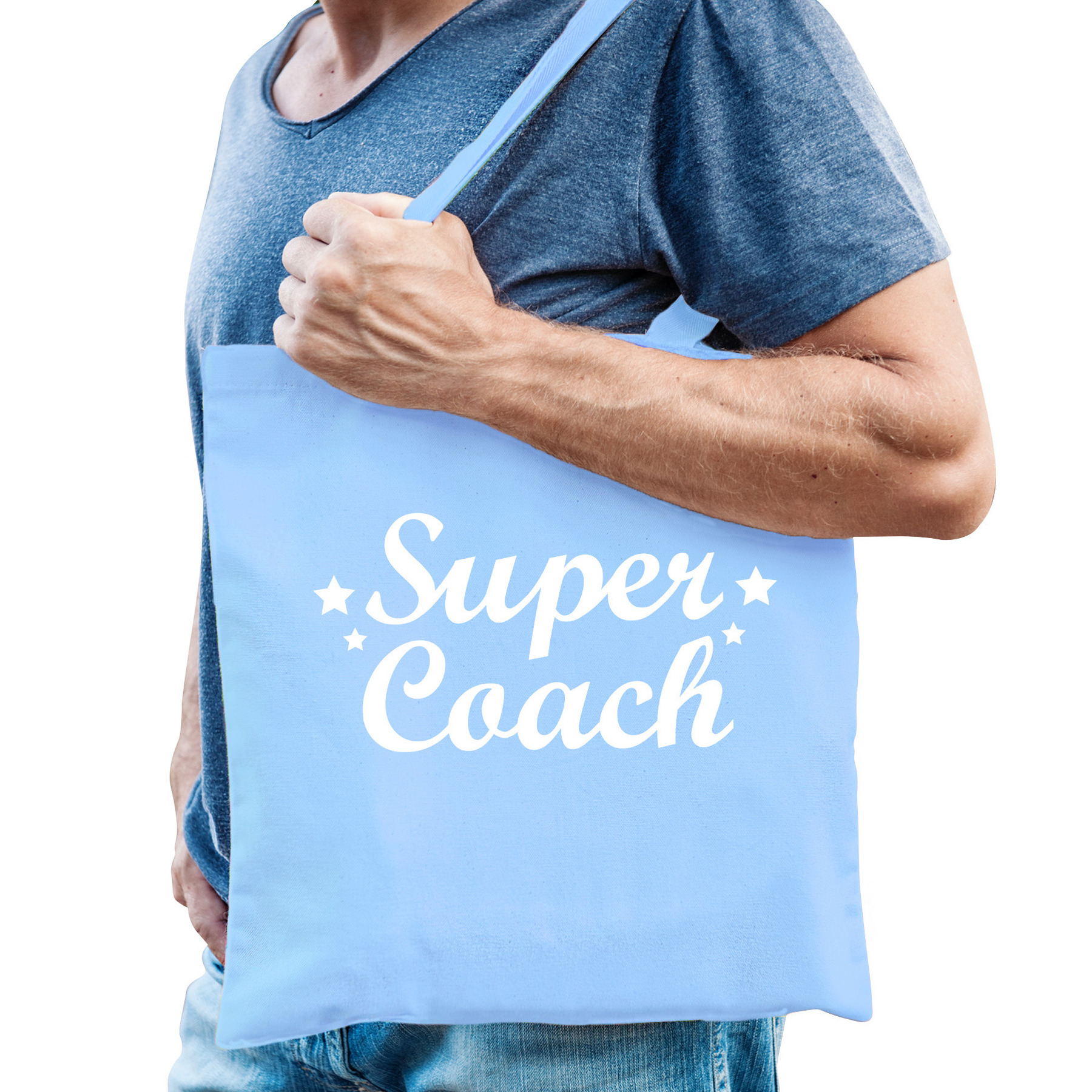 Cadeau tas voor coach/trainer - lichtblauw - katoen - 42 x 38 cm - super coach -