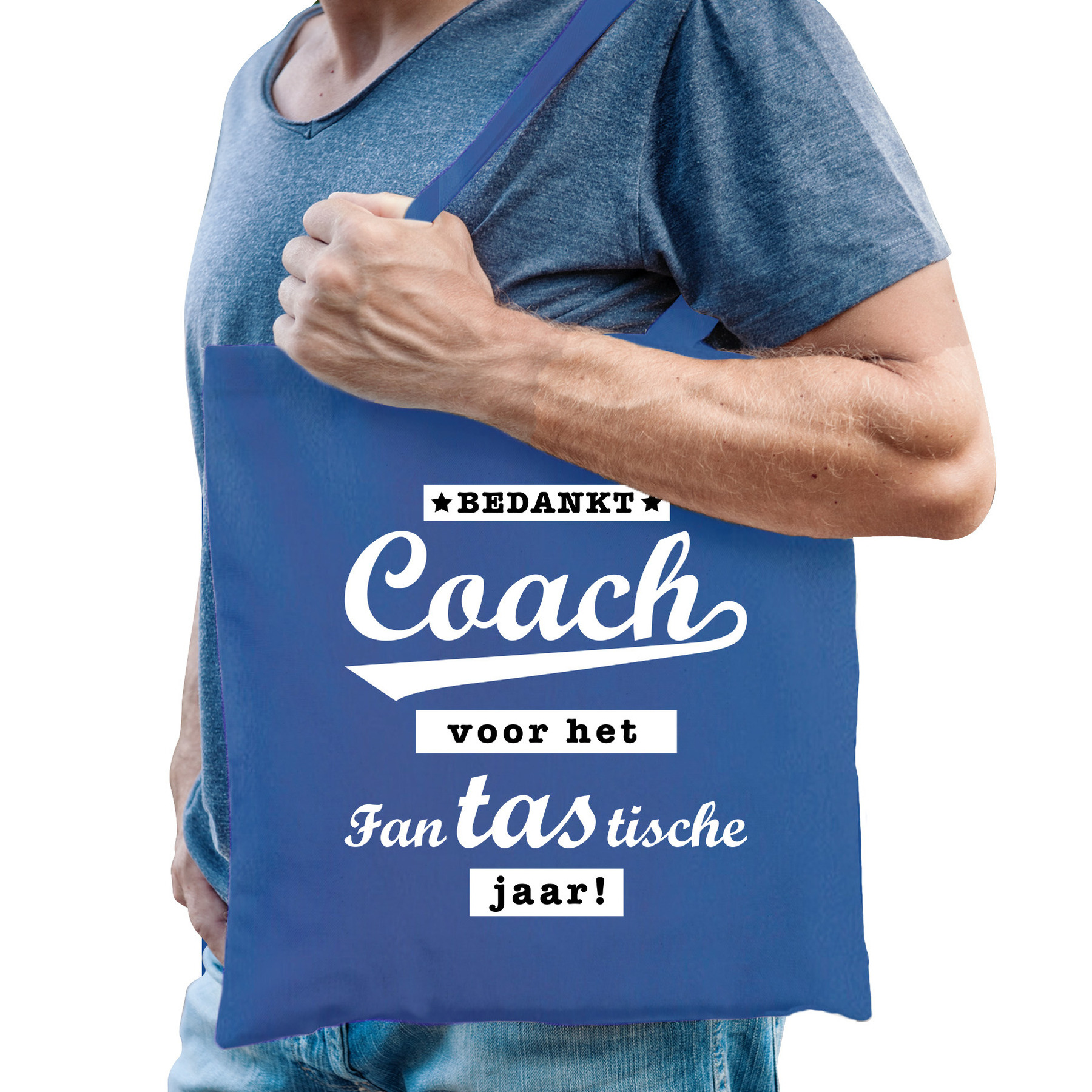 Cadeau tas voor coach/trainer - bedankt - blauw - katoen - 42 x 38 cm -