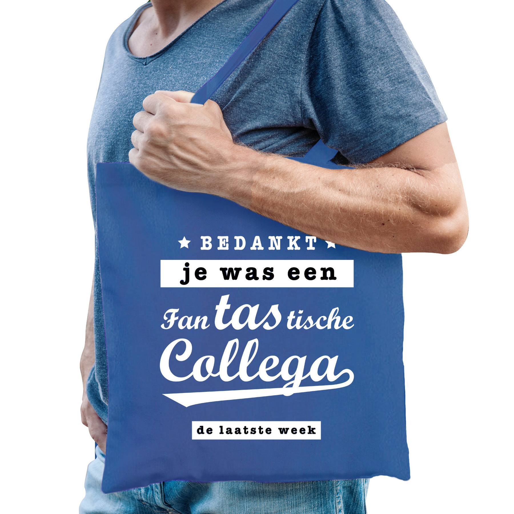 Cadeau tas voor collega - bedankt/afscheid - blauw - katoen - 42 x 38 cm -