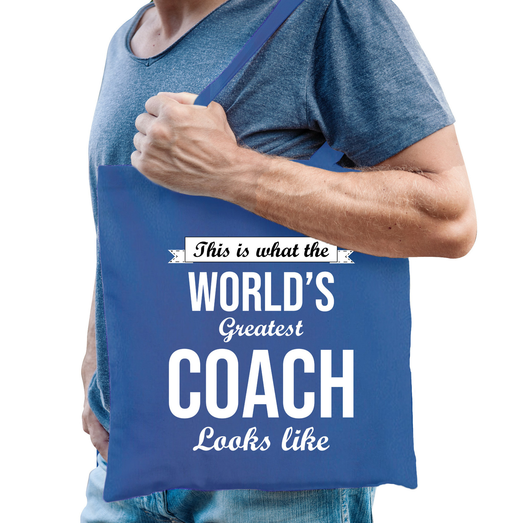 Cadeau tas voor coach/trainer - blauw - katoen - 42 x 38 cm -
