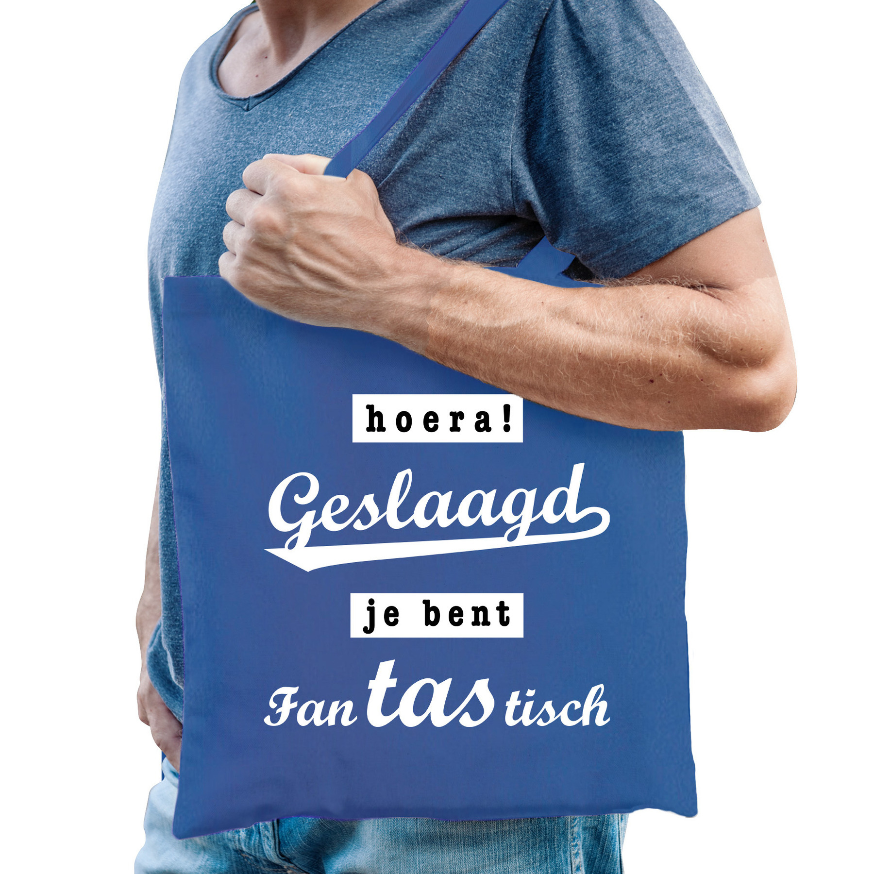Cadeau tas geslaagd/afgestudeerd - blauw - katoen - 42 x 38 cm -