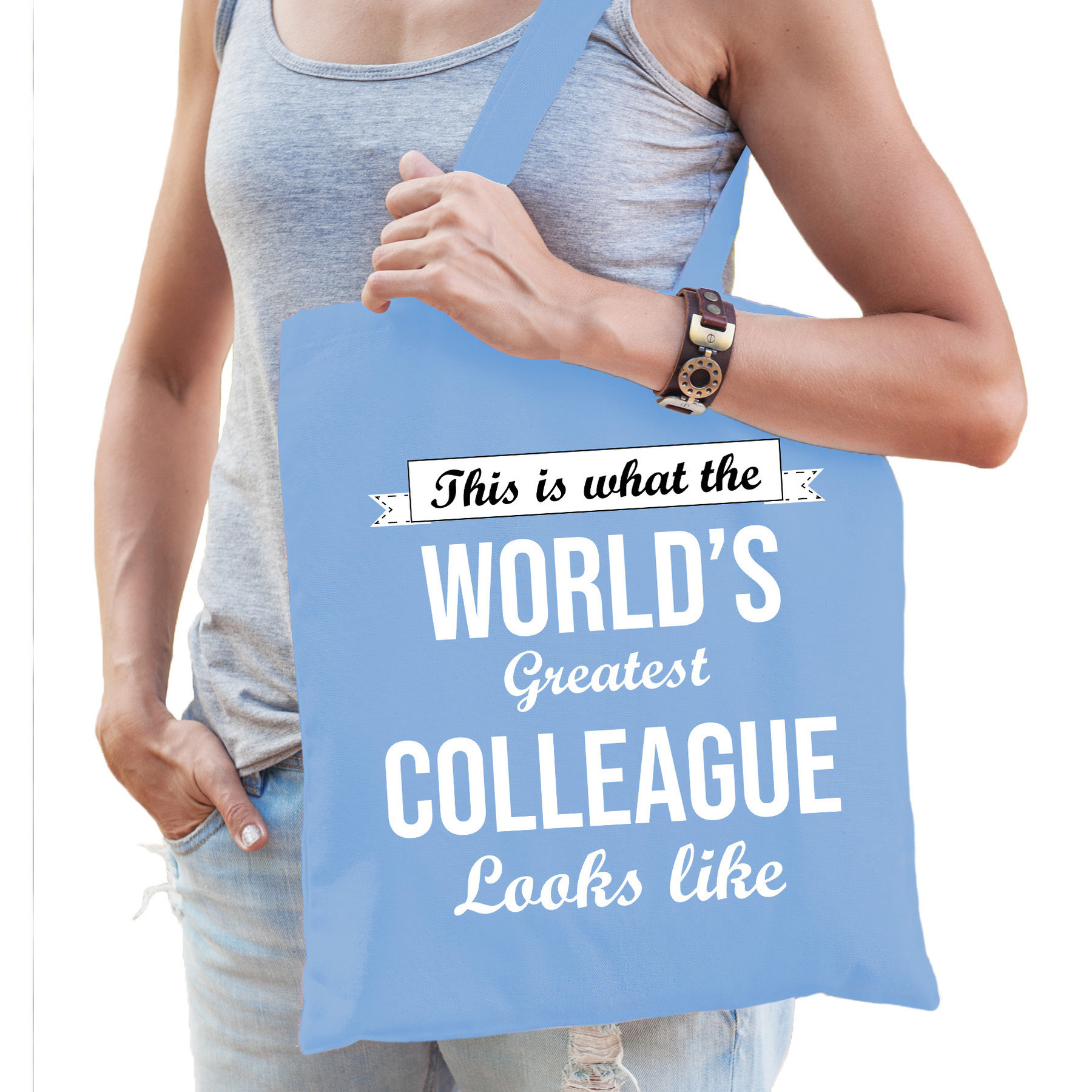 Cadeau tas voor collega - lichtblauw - katoen - 42 x 38 cm - world's greatest colleague -