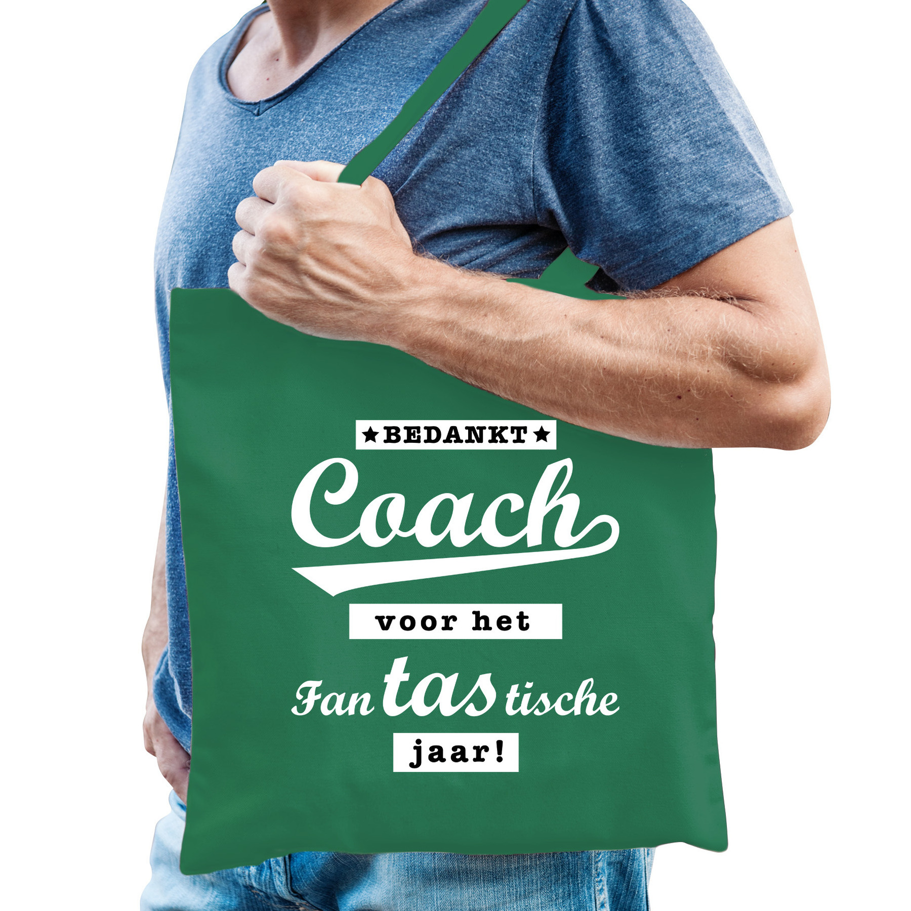 Cadeau tas voor coach/trainer - bedankt - groen - katoen - 42 x 38 cm -