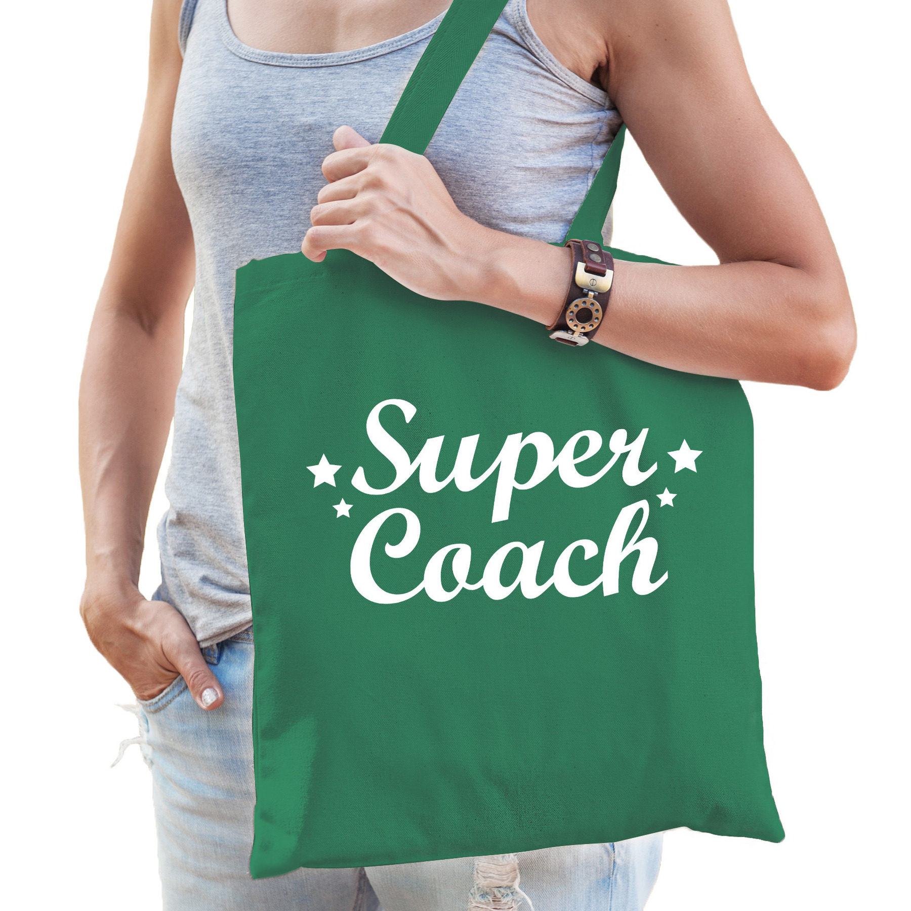 Cadeau tas voor coach/trainer - groen - katoen - 42 x 38 cm - super coach -