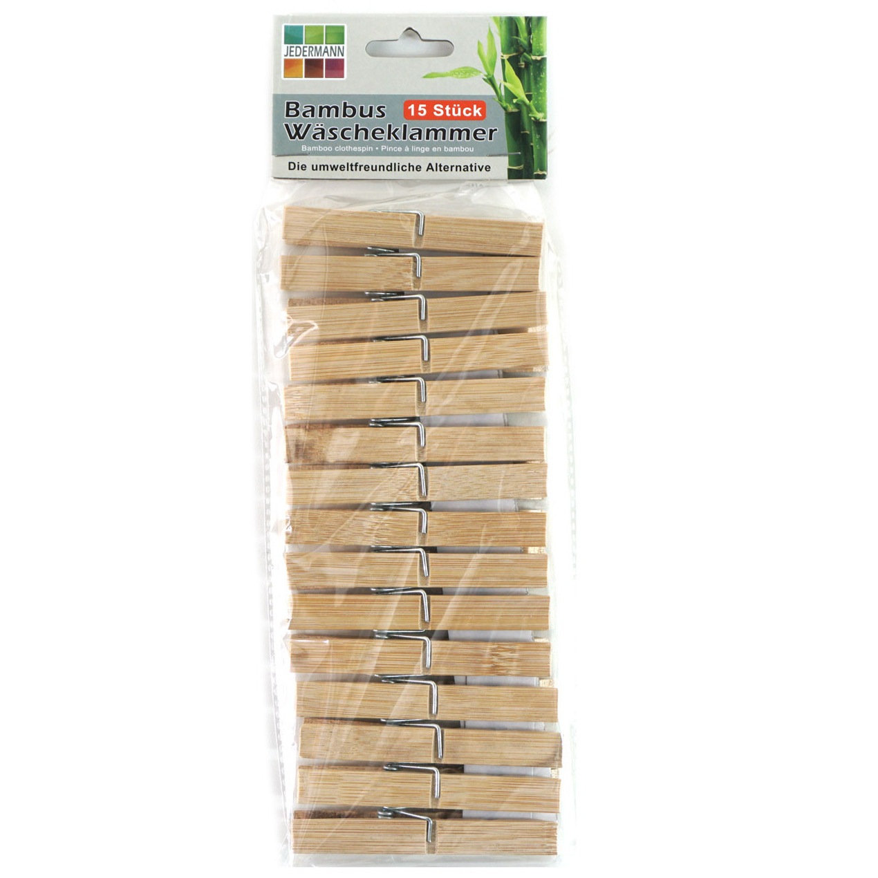 Jedermann wasknijpers -15x - bamboe hout - 9,5 cm -