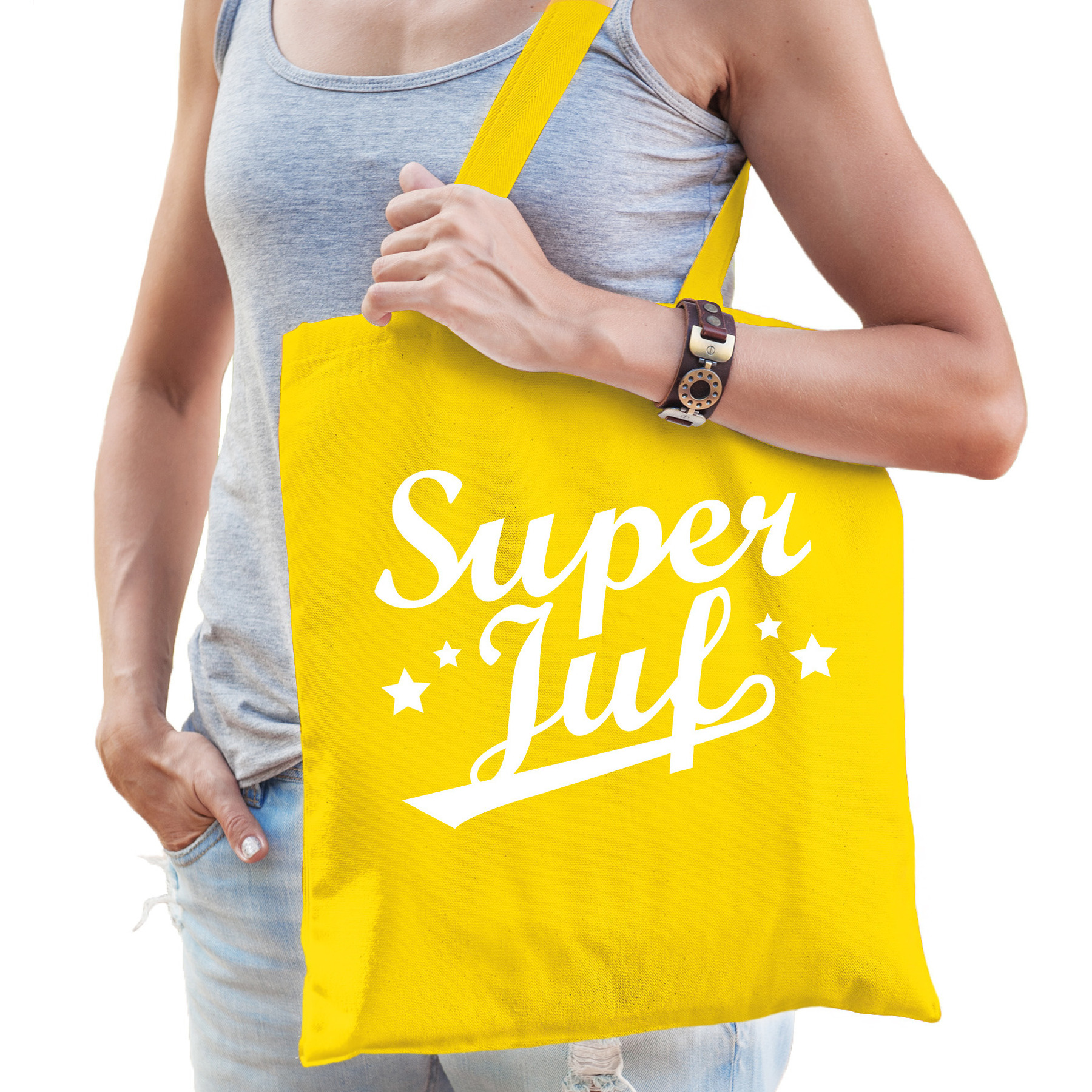 Cadeau tas voor juf - super juf - geel - katoen - 42 x 38 cm - juffendag -