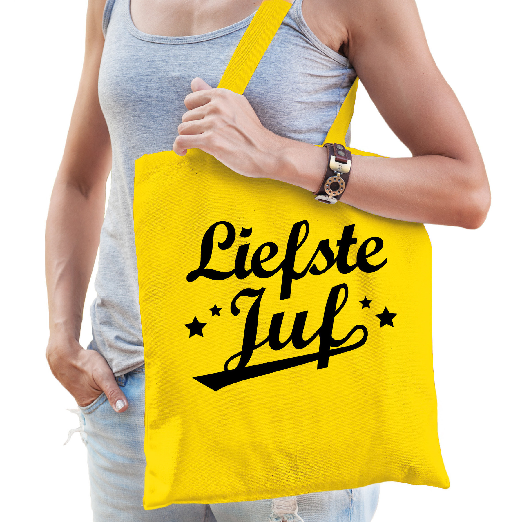 Cadeau tas voor juf - liefste juf - geel - katoen - 42 x 38 cm - juffendag -