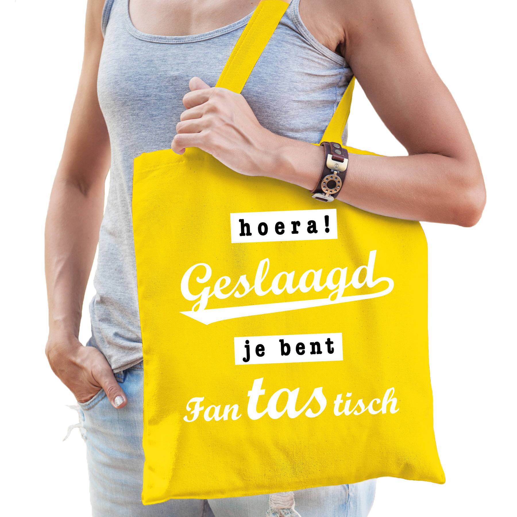 Cadeau tas geslaagd/afgestudeerd - geel - katoen - 42 x 38 cm -