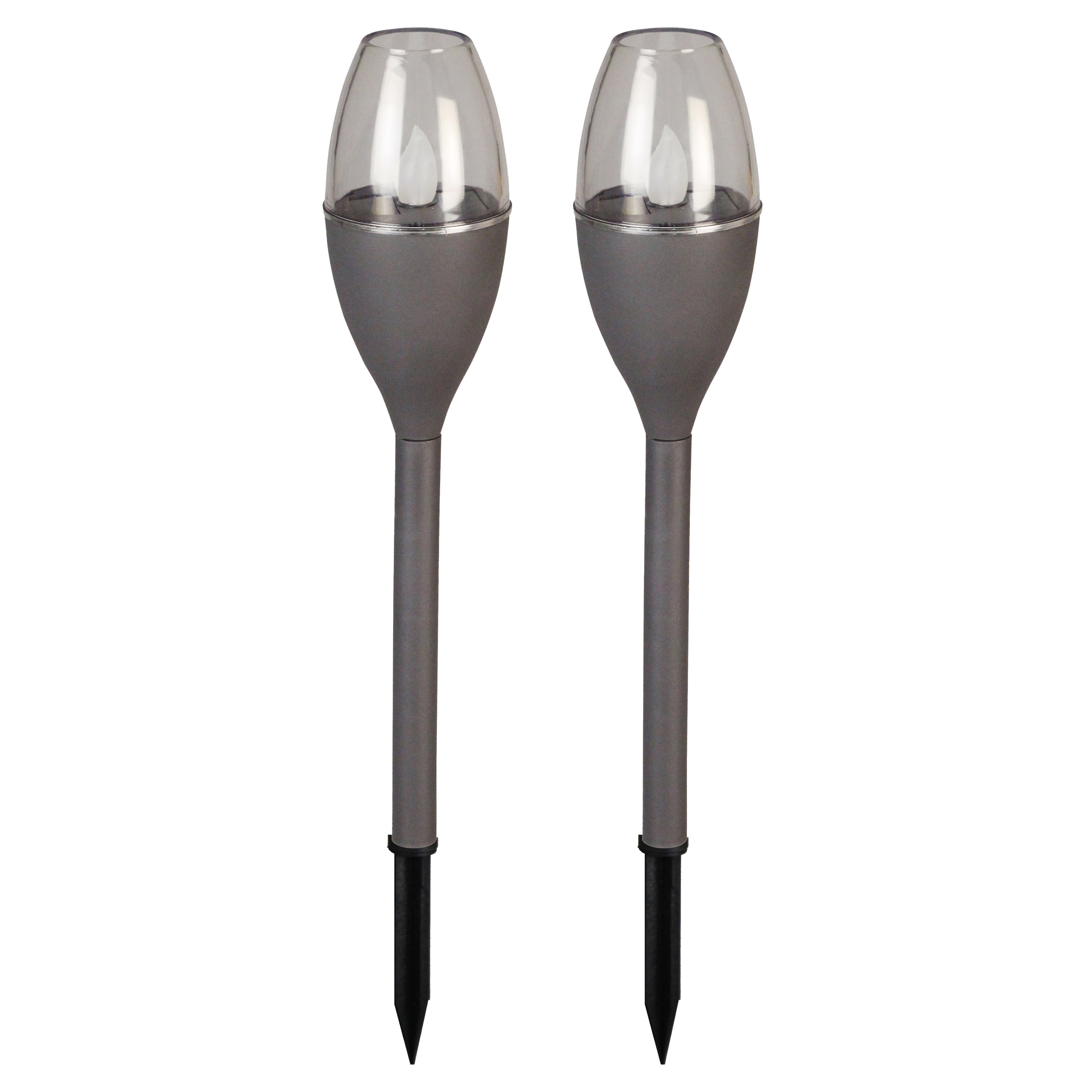 Solar tuinlamp - 2x - grijs - LED Flame effect - oplaadbaar - D6,2 x H38 cm -