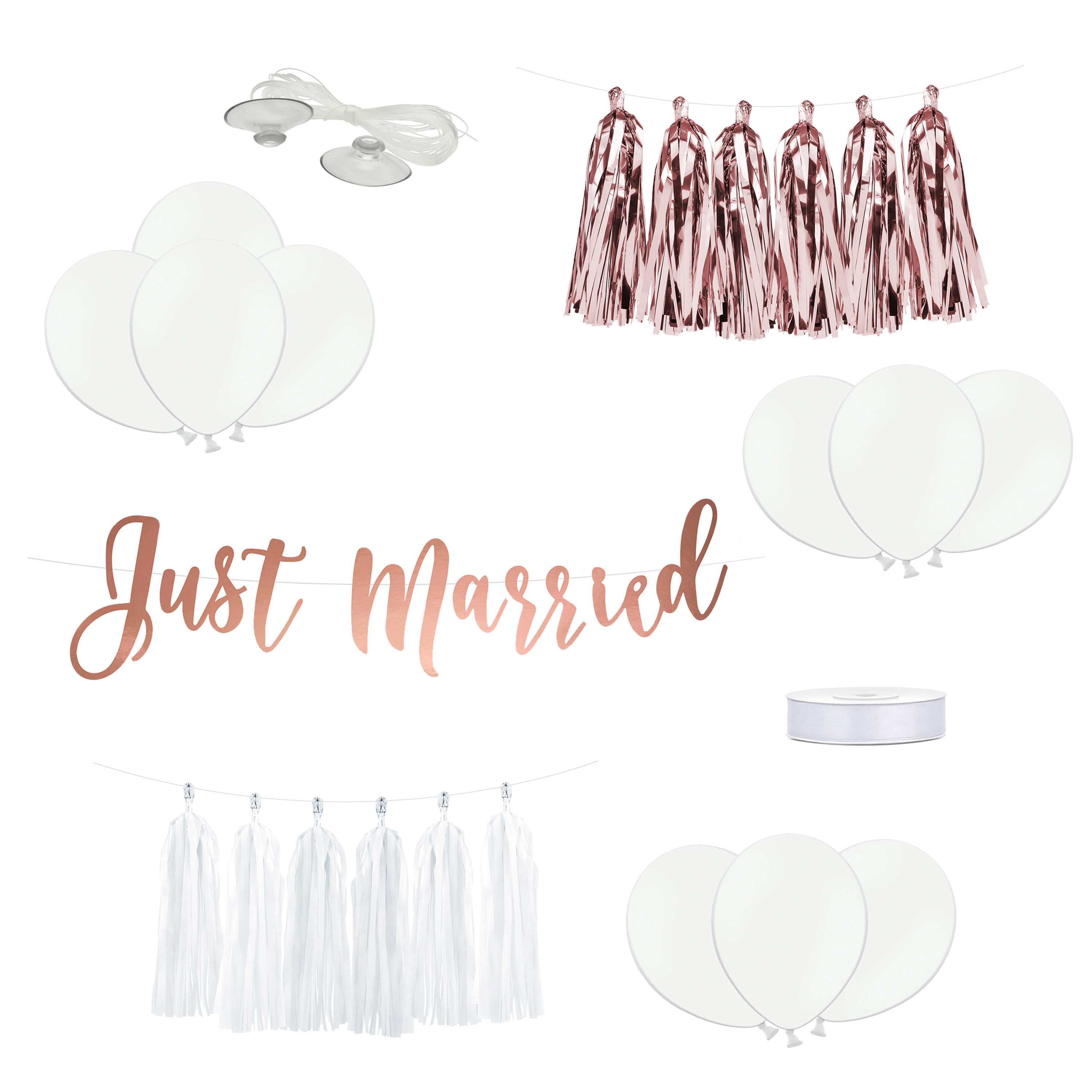 Trouwauto decoratie pakket Just Married - Bruiloft - rosegoud/wit -