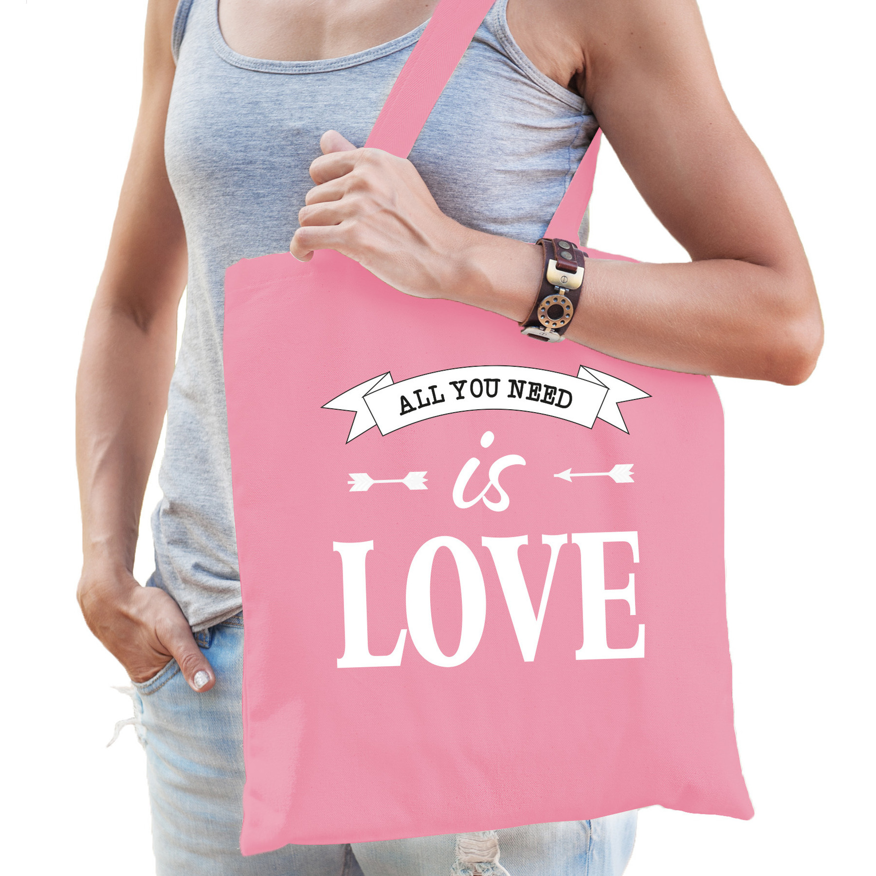 Gay Pride tas - katoen - 42 x 38 cm - roze - LHBTI - All you need is love -