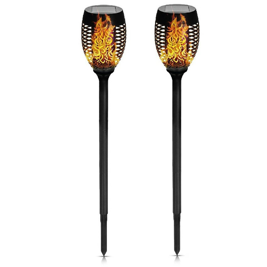 Solar tuinlamp - 8x - zwart - LED flame effect - oplaadbaar - D12 x H74 cm -
