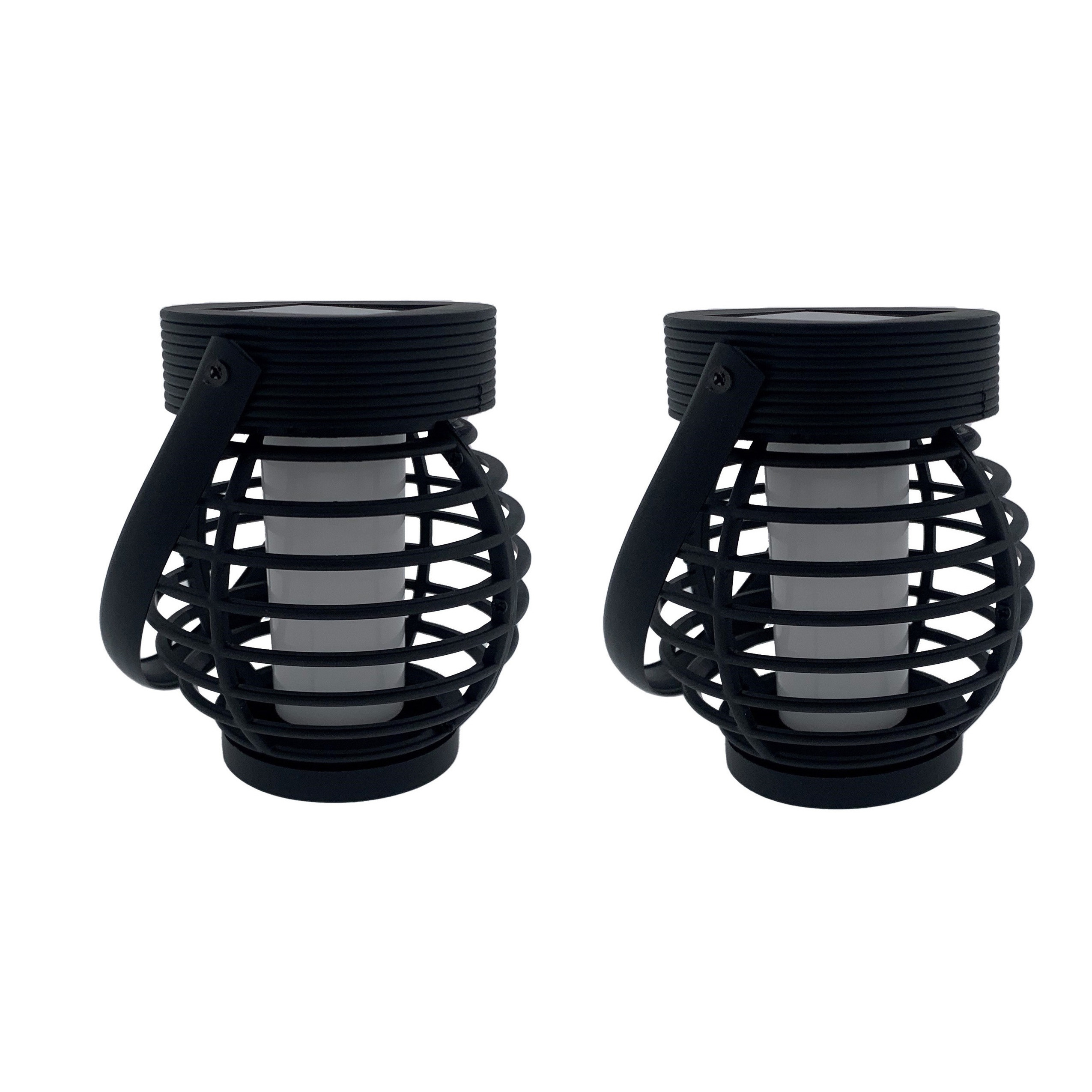 Solar lantaarn tuinlamp - 2x - zwart - LED flame effect - oplaadbaar - D9 x H10,8 cm -