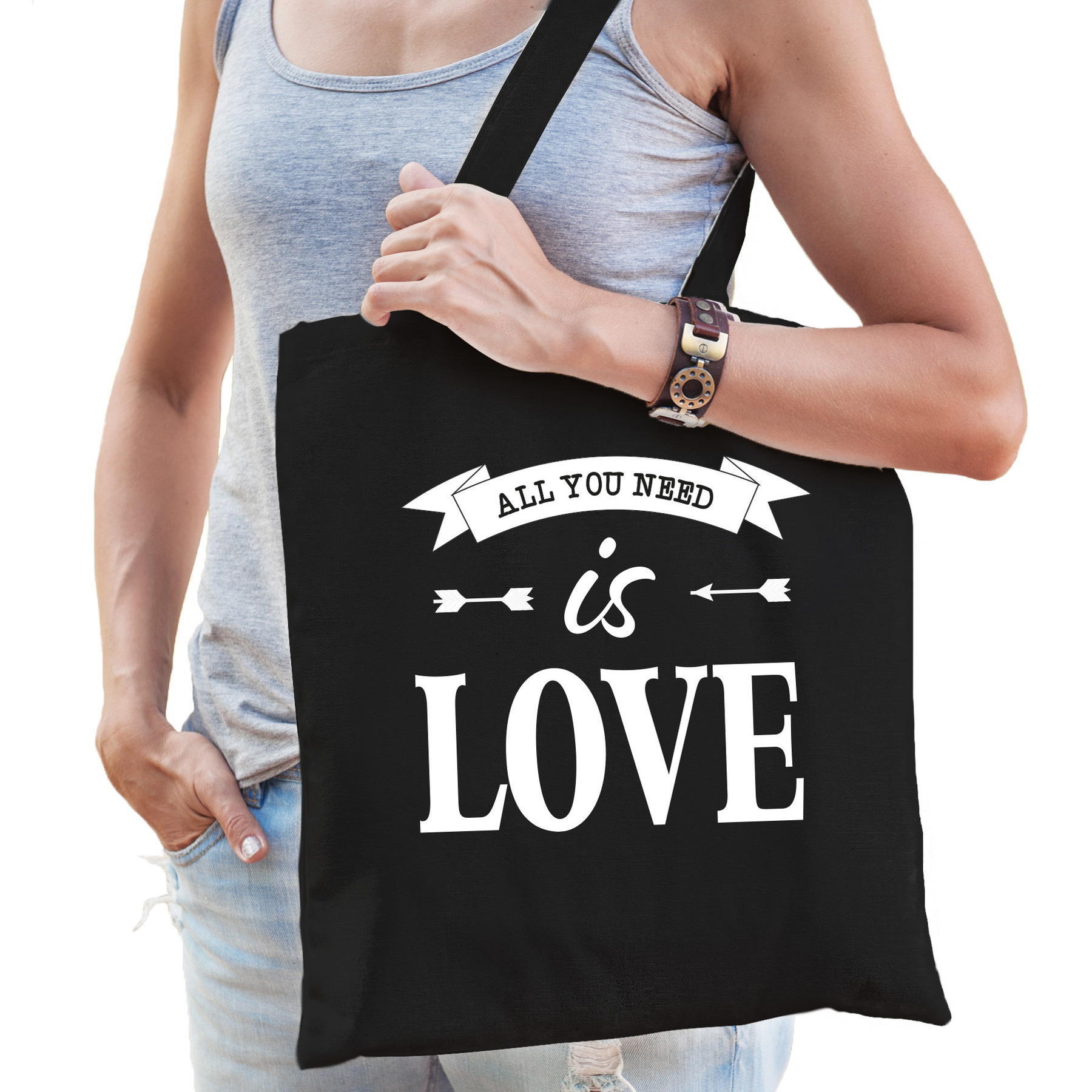 Gay Pride tas - katoen - 42 x 38 cm - zwart - LHBTI - All you need is love -