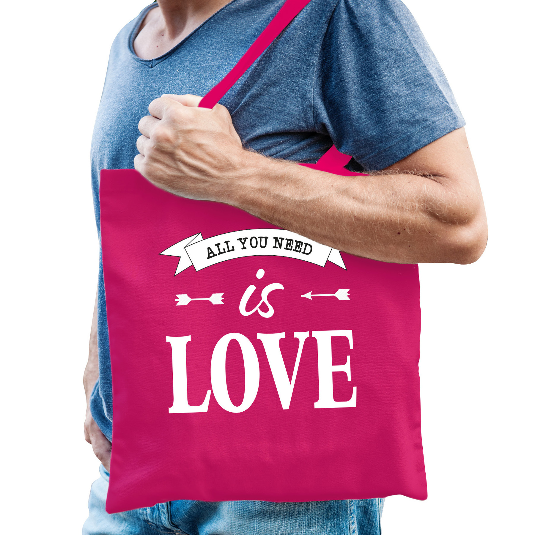 Gay Pride tas - katoen - 42 x 38 cm - fuchsia roze - LHBTI - All you need is love -