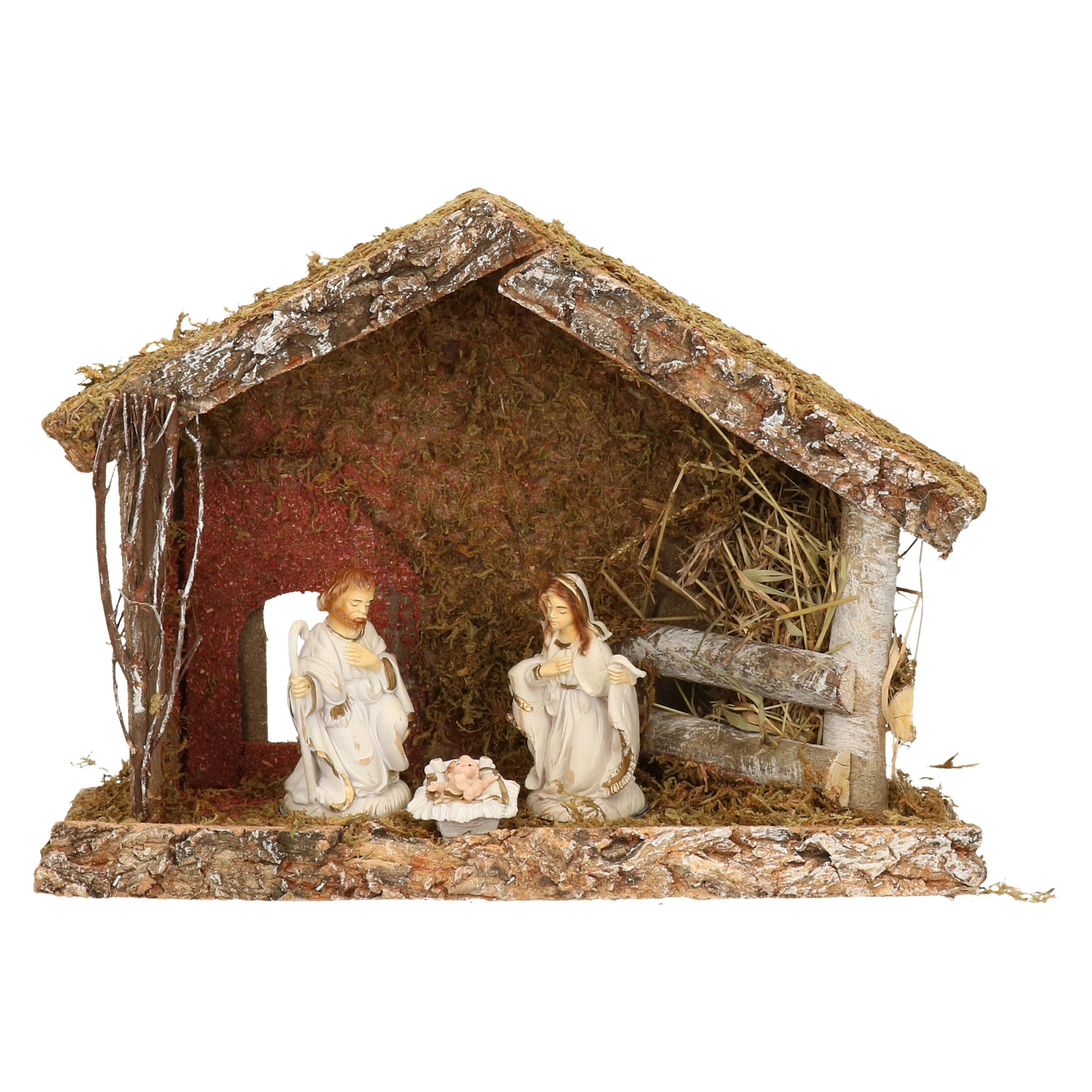 Complete kerststal met 3x st kerststal beelden - 32 x 17 x 25 cm - hout/polyresin -