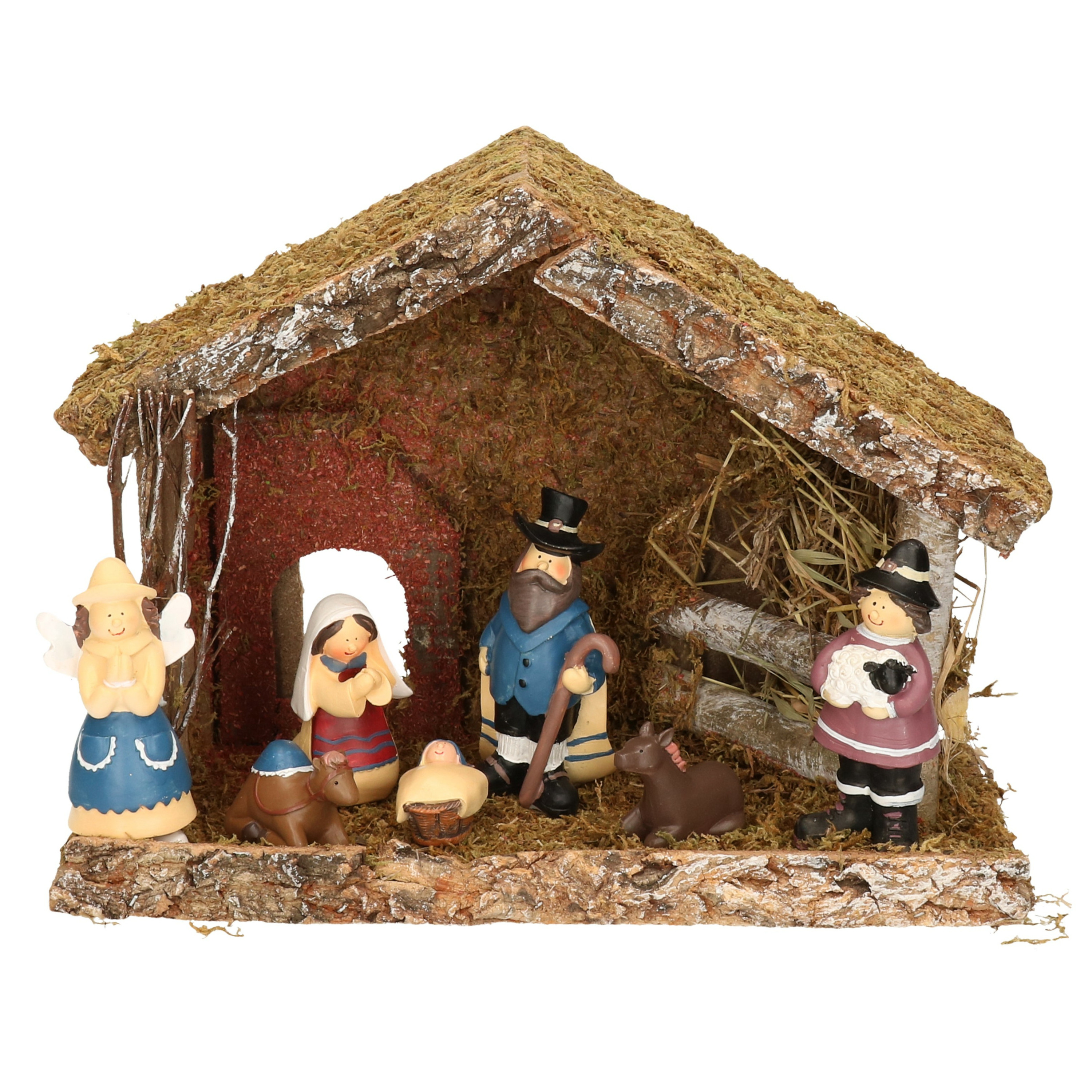 Complete kinder kerststal met 7x st kerststal beelden - 32 x 17 x 25 cm - hout/polyresin -