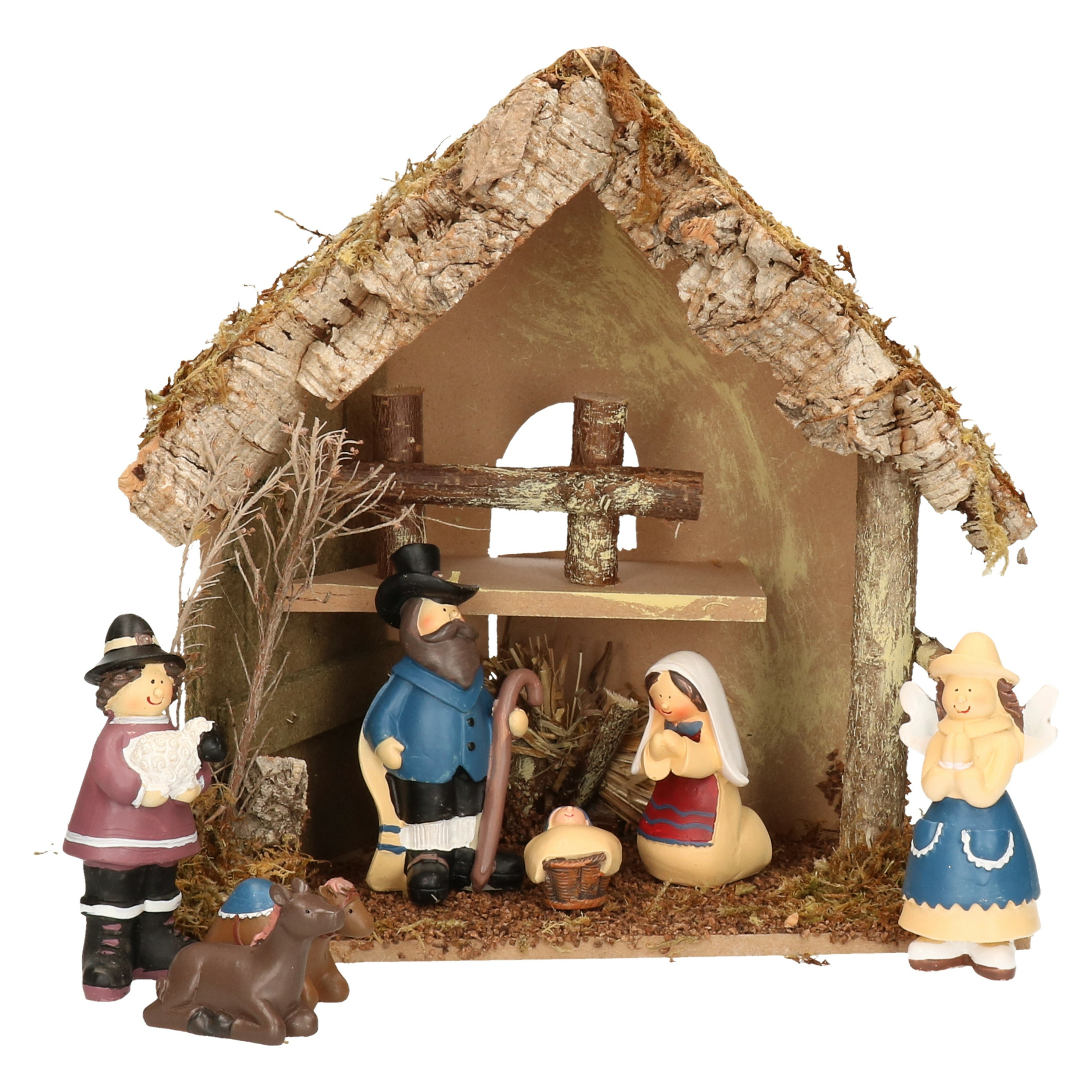 Complete kinder kerststal met 7x st kerststal beelden - 30 x 18 x 26 cm - hout/polyresin -
