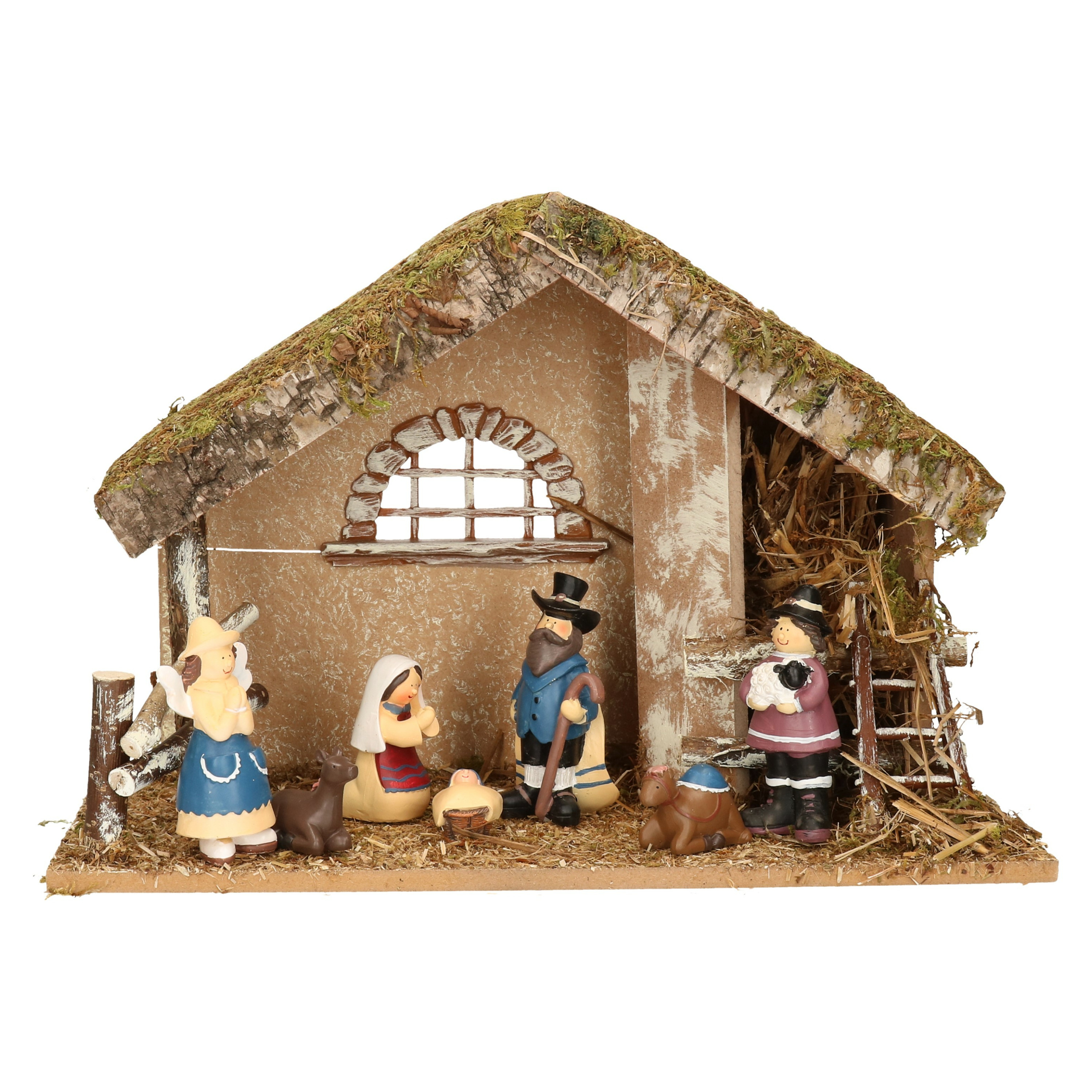 Complete kinder kerststal met 7x st kerststal beelden - 42 x 19 x 30 cm - hout/polyresin -