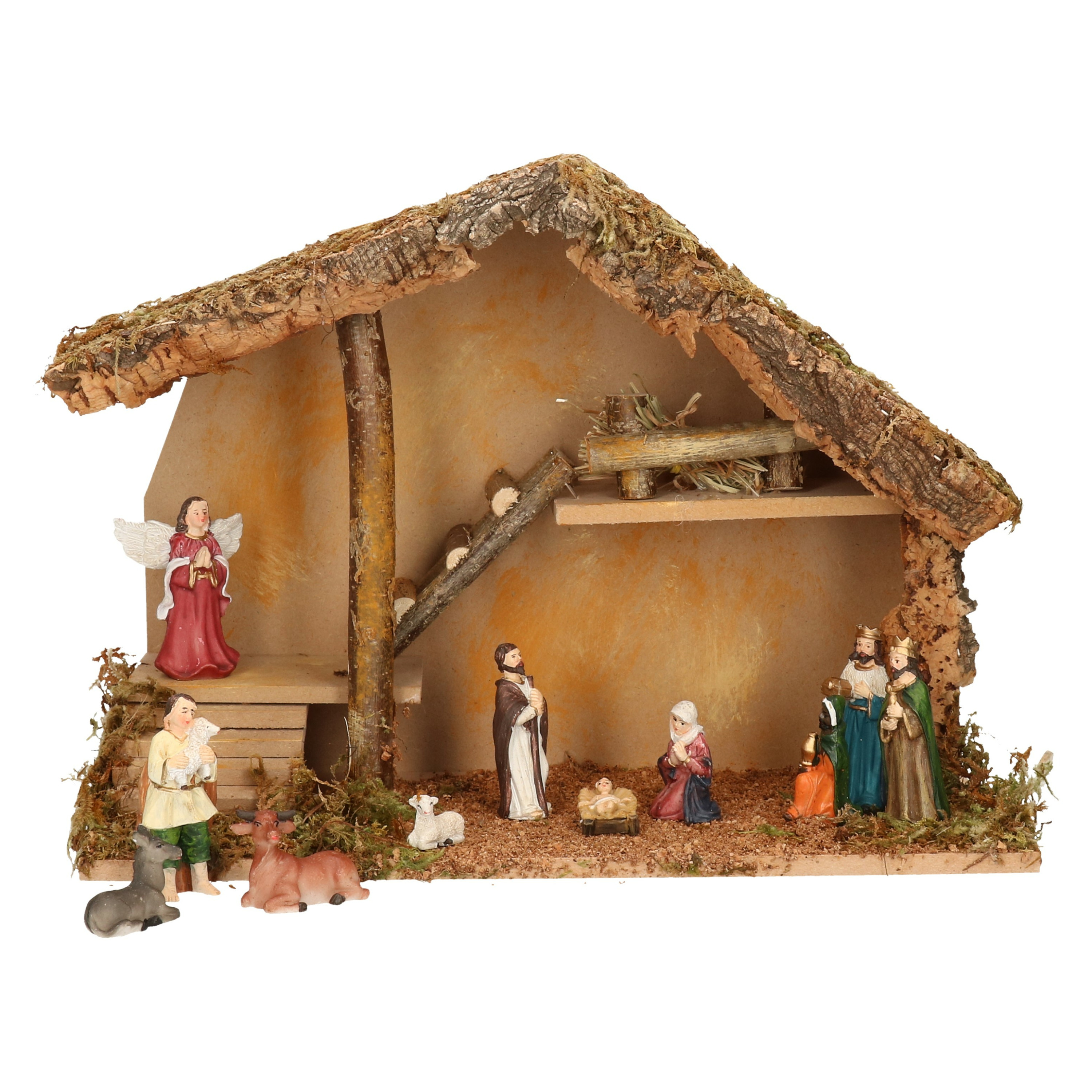 Complete kerststal met 11x st kerststal beelden - 42 x 19 x 30 cm - hout/polyresin -