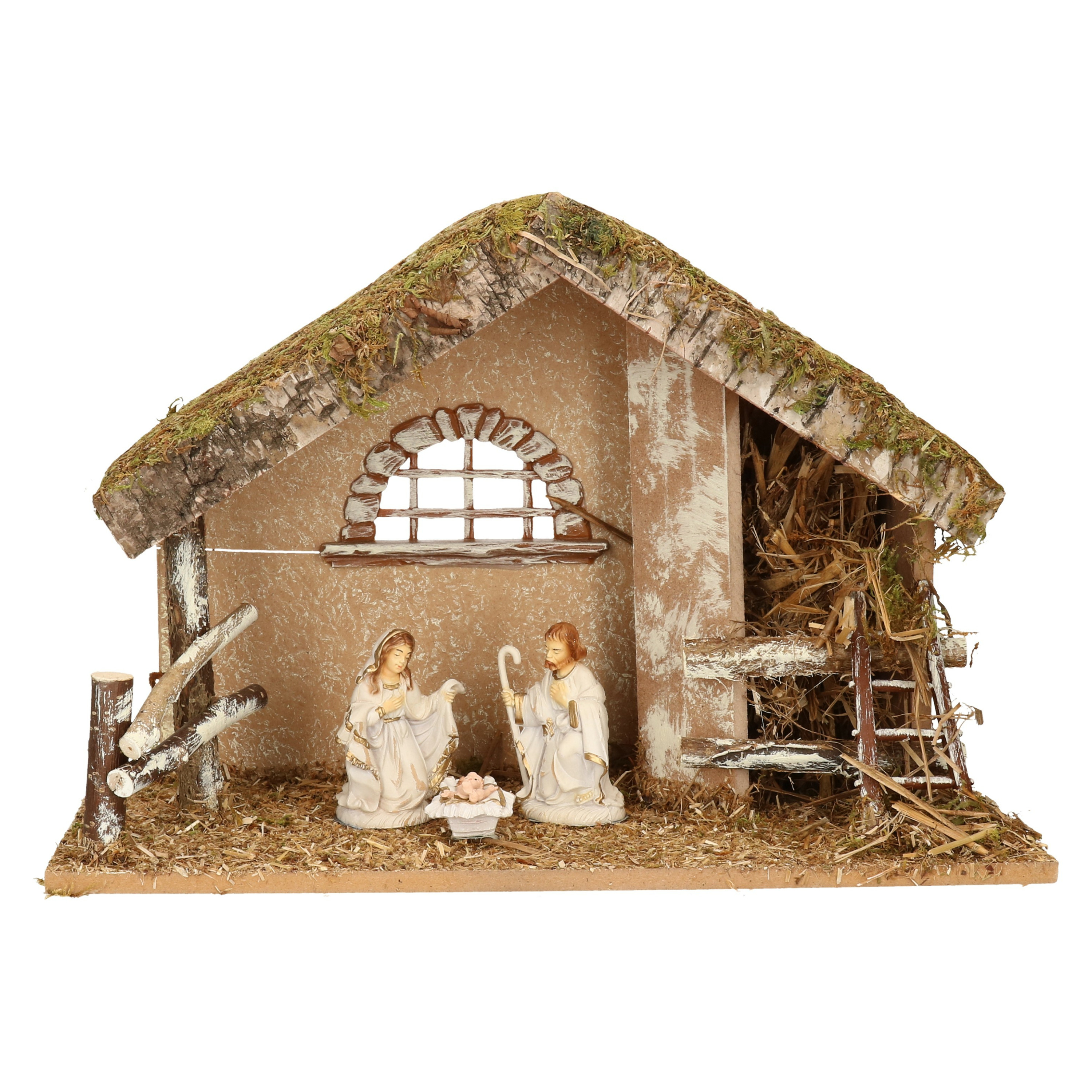 Complete kerststal met 3x st kerststal beelden - 42 x 19 x 30 cm - hout/polyresin -