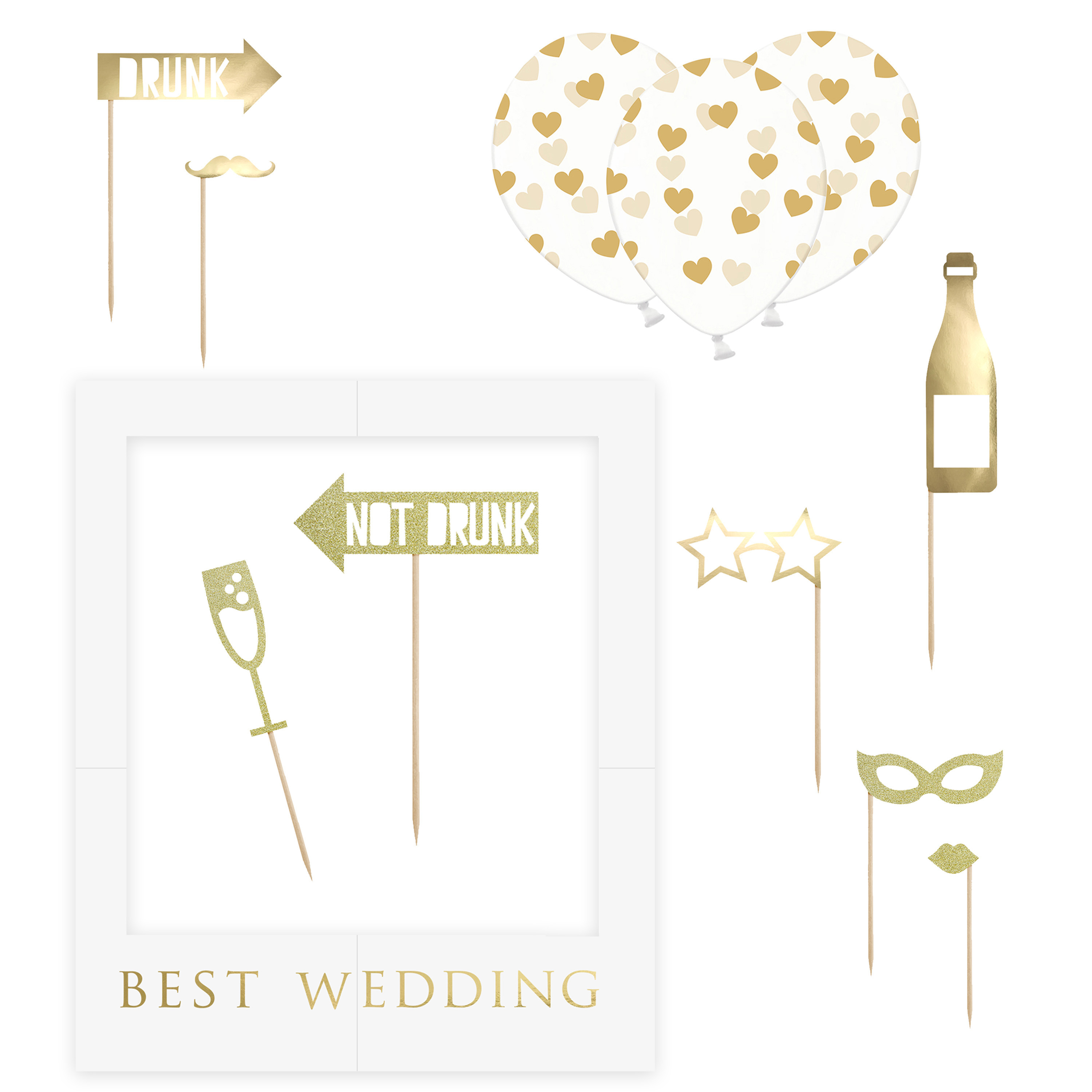 Foto prop set Best Wedding - Bruiloft - goud/wit - 13-delig - met frame - photobooth/selfie -