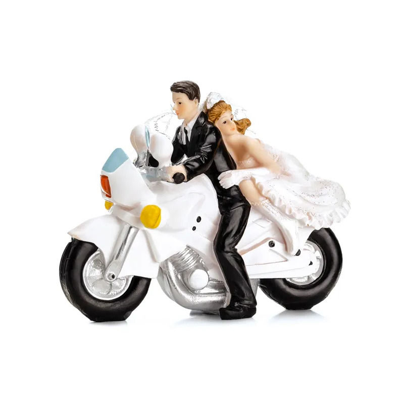 Trouwfiguurtje/caketopper bruidspaar - bruid en bruidegom op motor - Bruidstaart figuren - 11 cm -