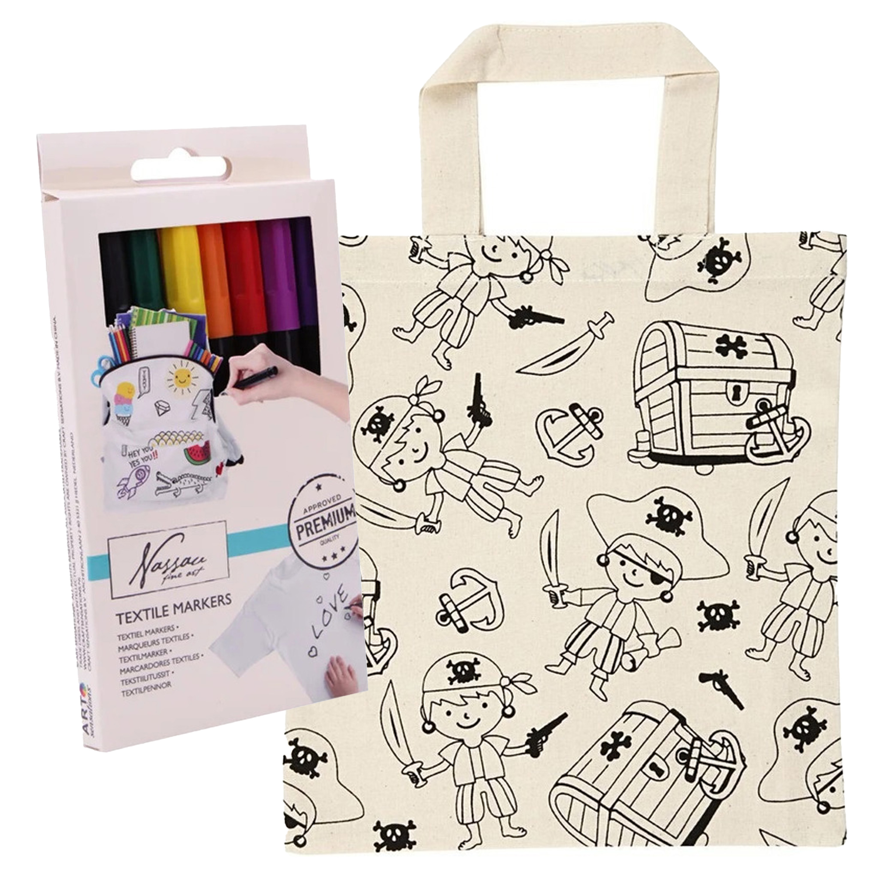 Inkleurbaar tasje piraten incl 8x textielstiften - katoen - 30 cm -