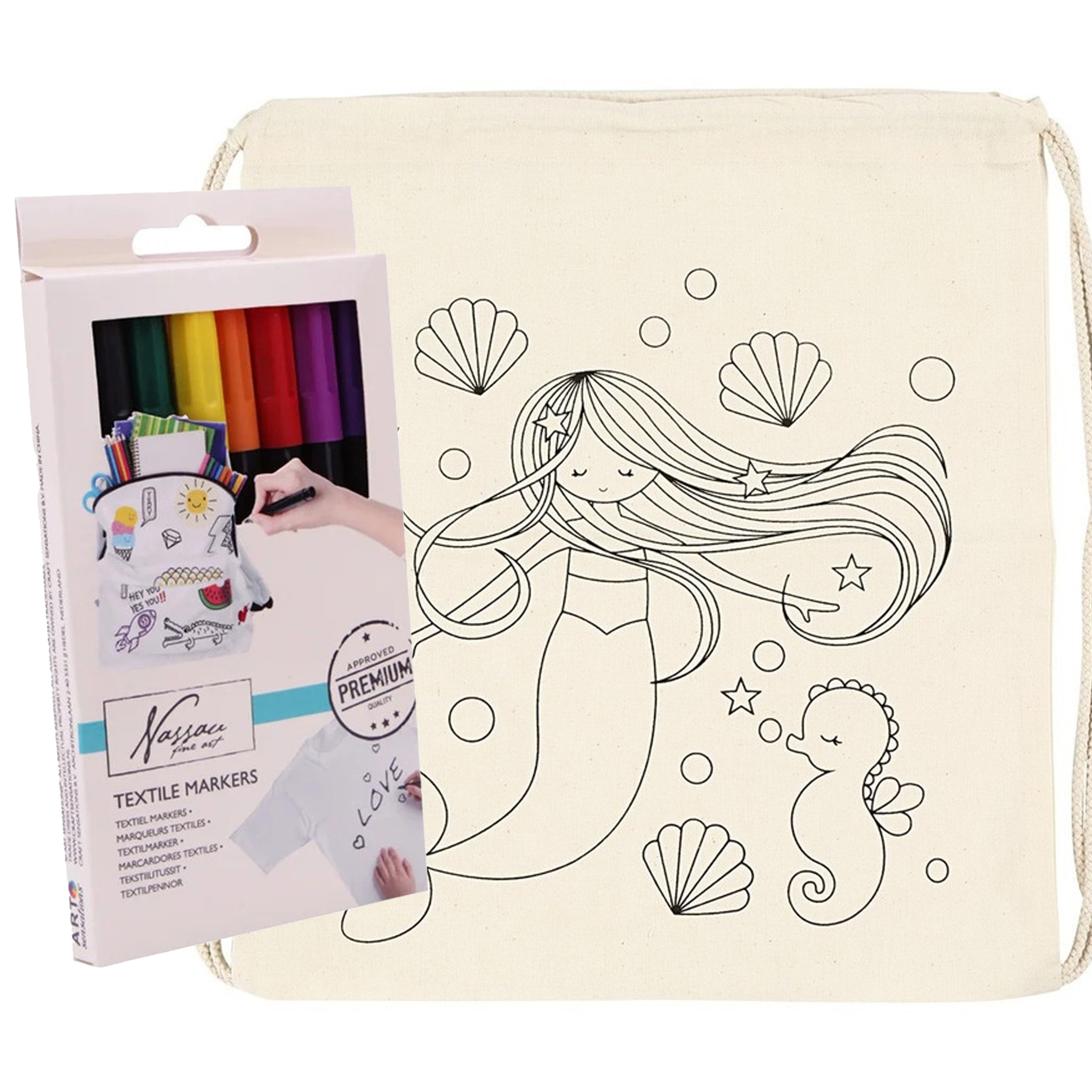 Inkleurbaar rugzakje zeemeermin print incl 8x textielstiften - katoen - 41 cm -