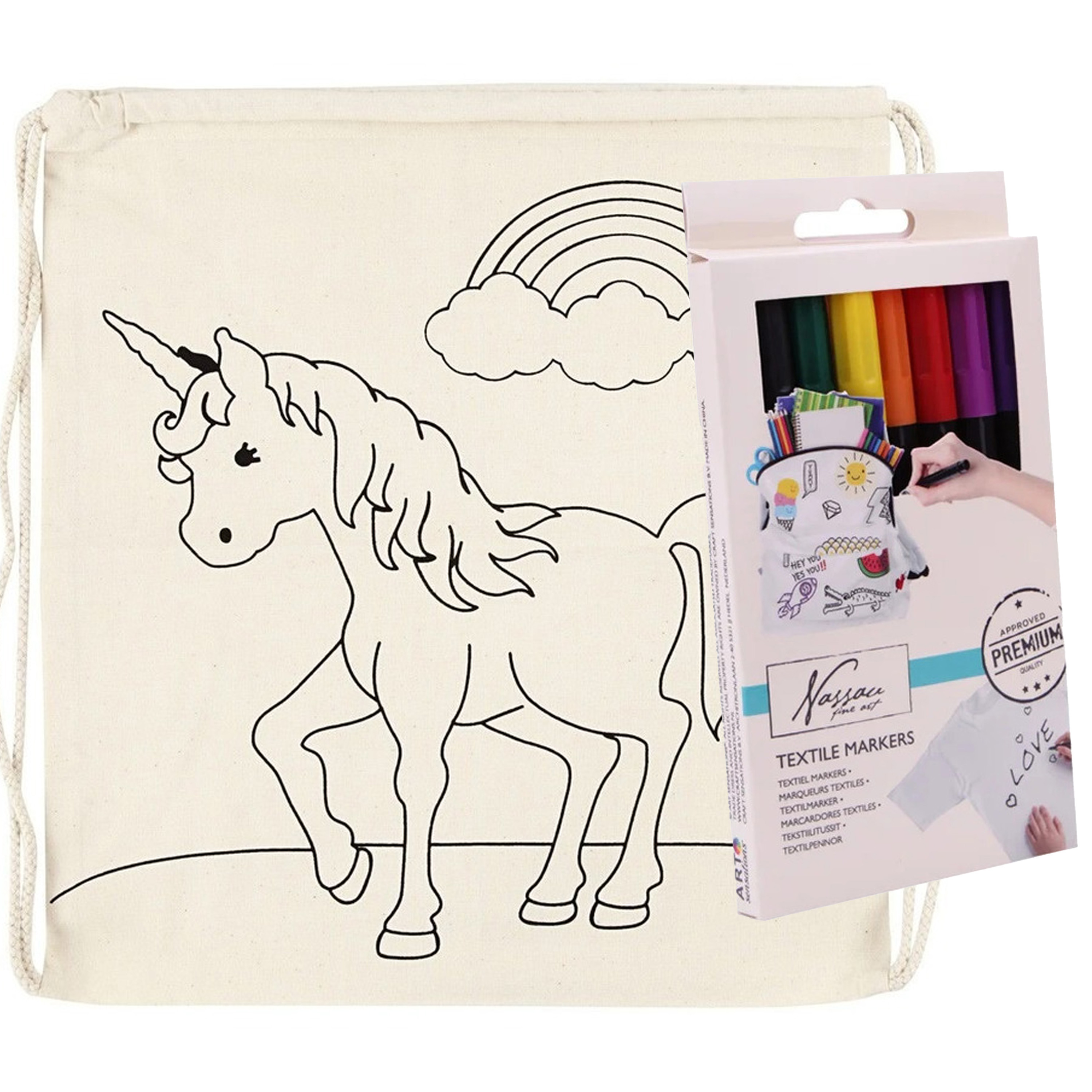 Inkleurbaar rugzakje eenhoorn print incl 8x textielstiften - katoen - 41 cm -