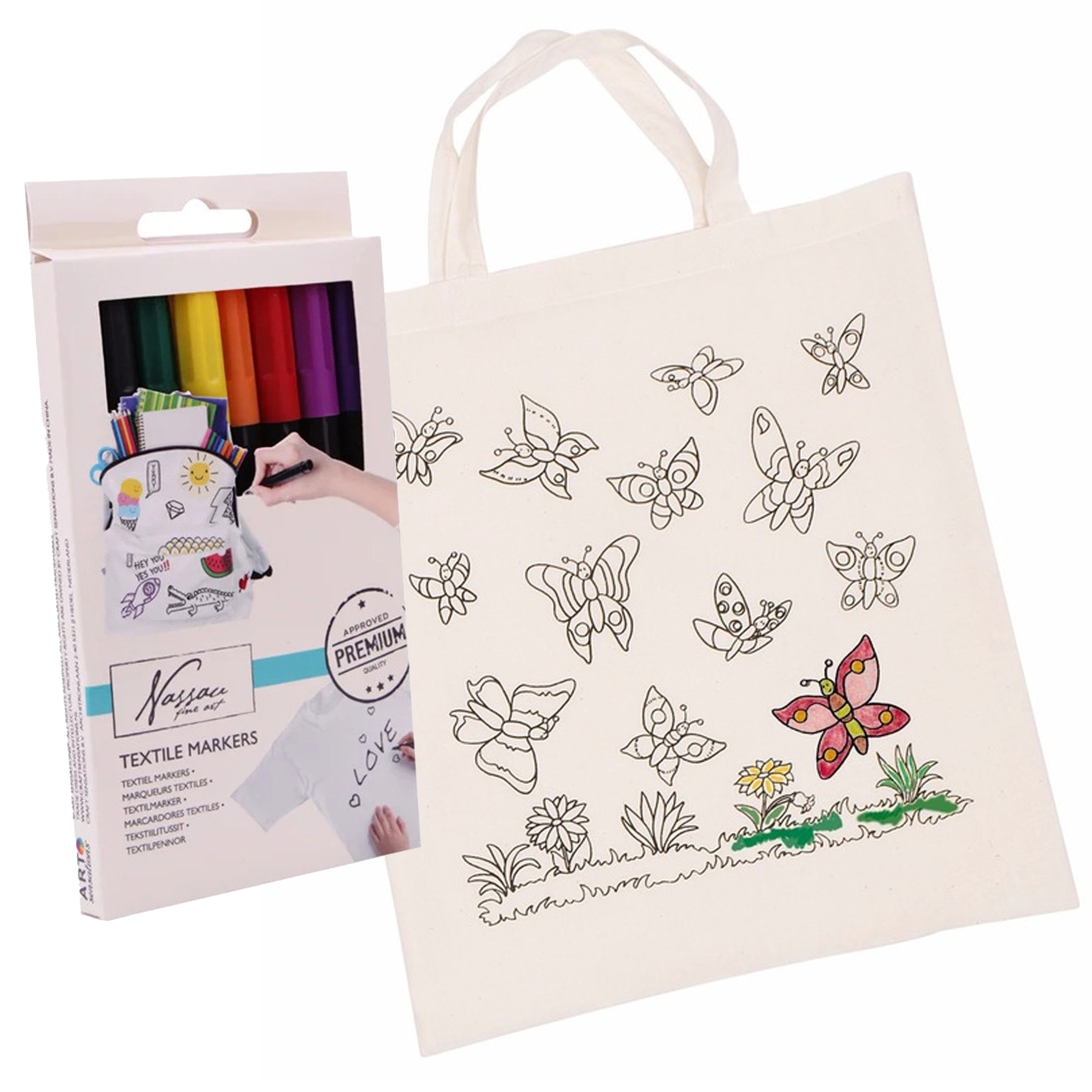 Inkleurbaar tasje met vlinder motief incl 8x textielstiften - katoen - 38 x 42 cm -