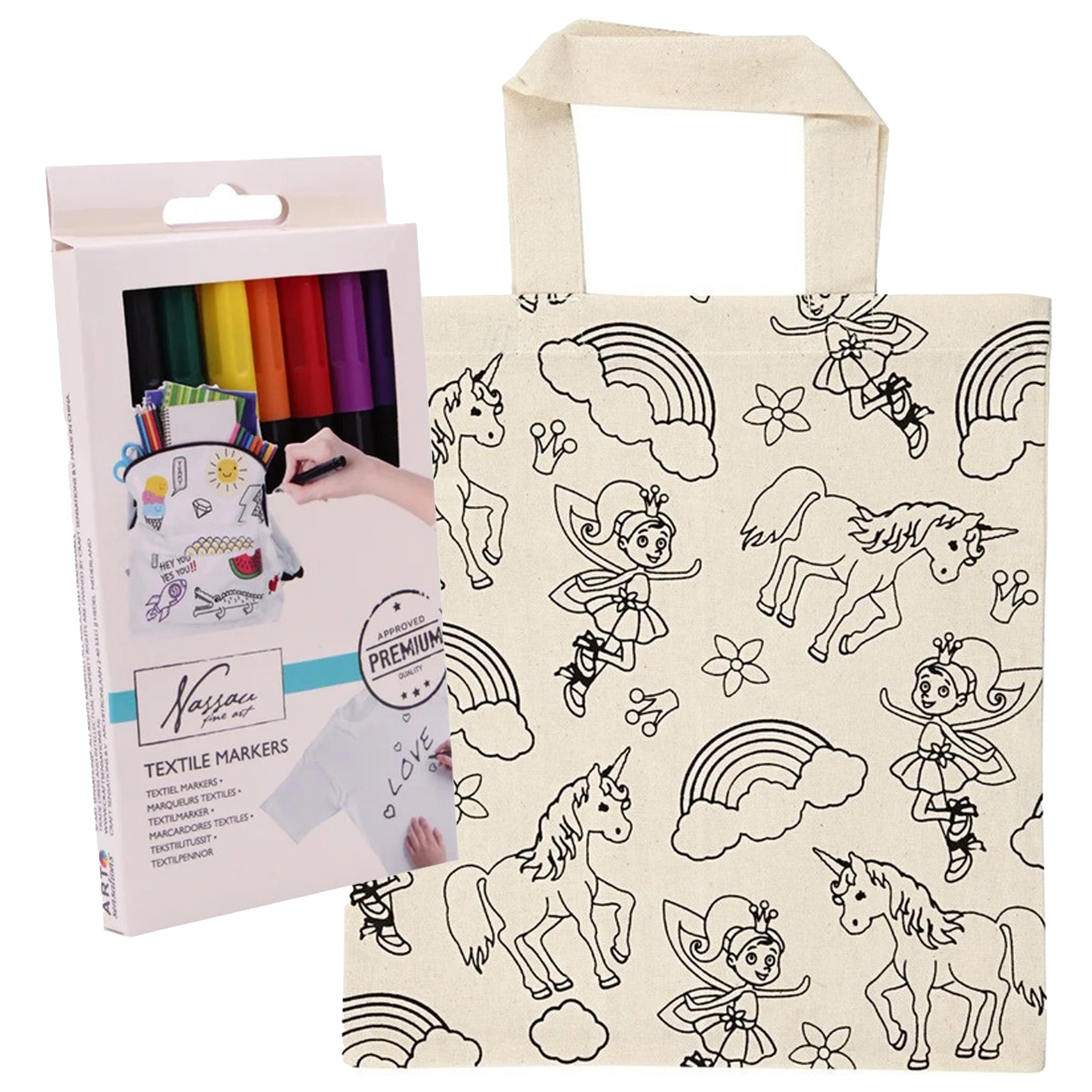 Inkleurbaar tasje eenhoorn thema incl 8x textielstiften - katoen - 30 cm -