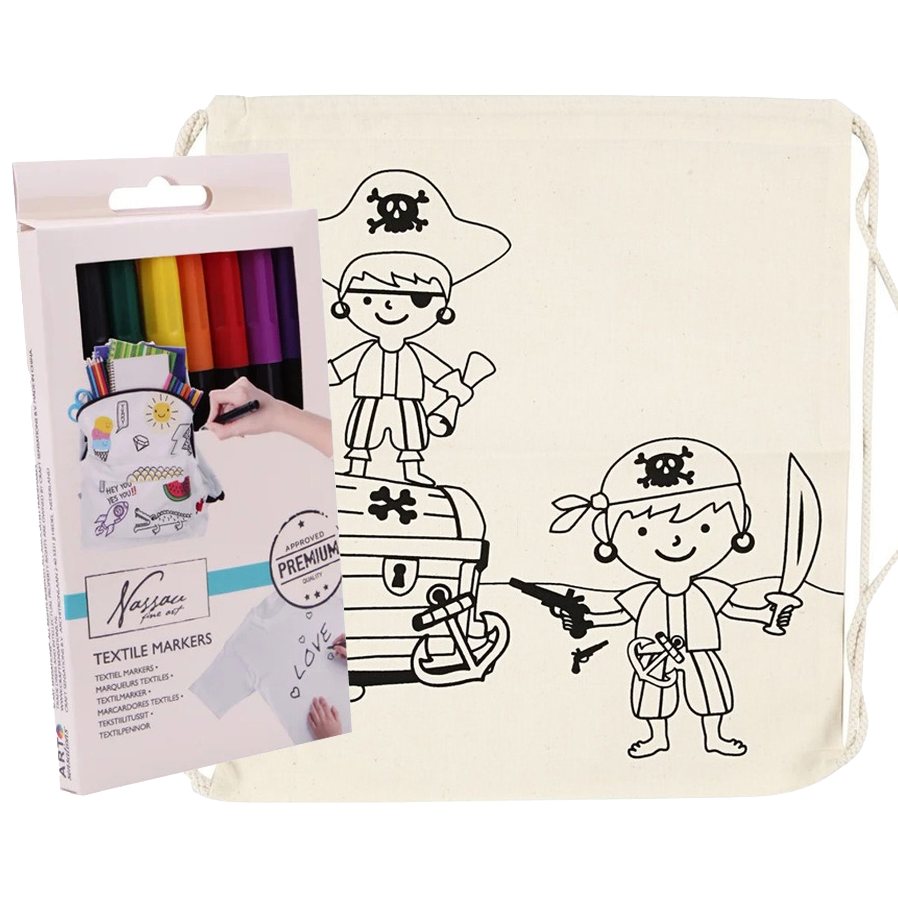 Inkleurbaar rugzakje piraat incl 8x textielstiften - katoen - 41 cm -