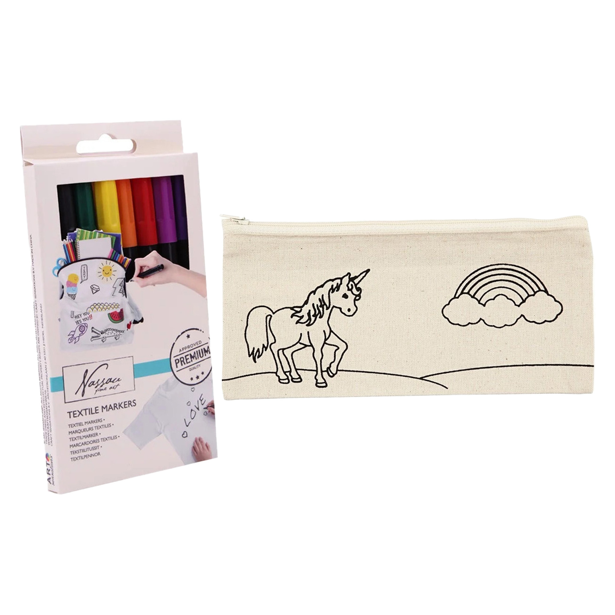 Inkleurbare etui eenhoorn incl 8x textielstiften - katoen - 9 cm -