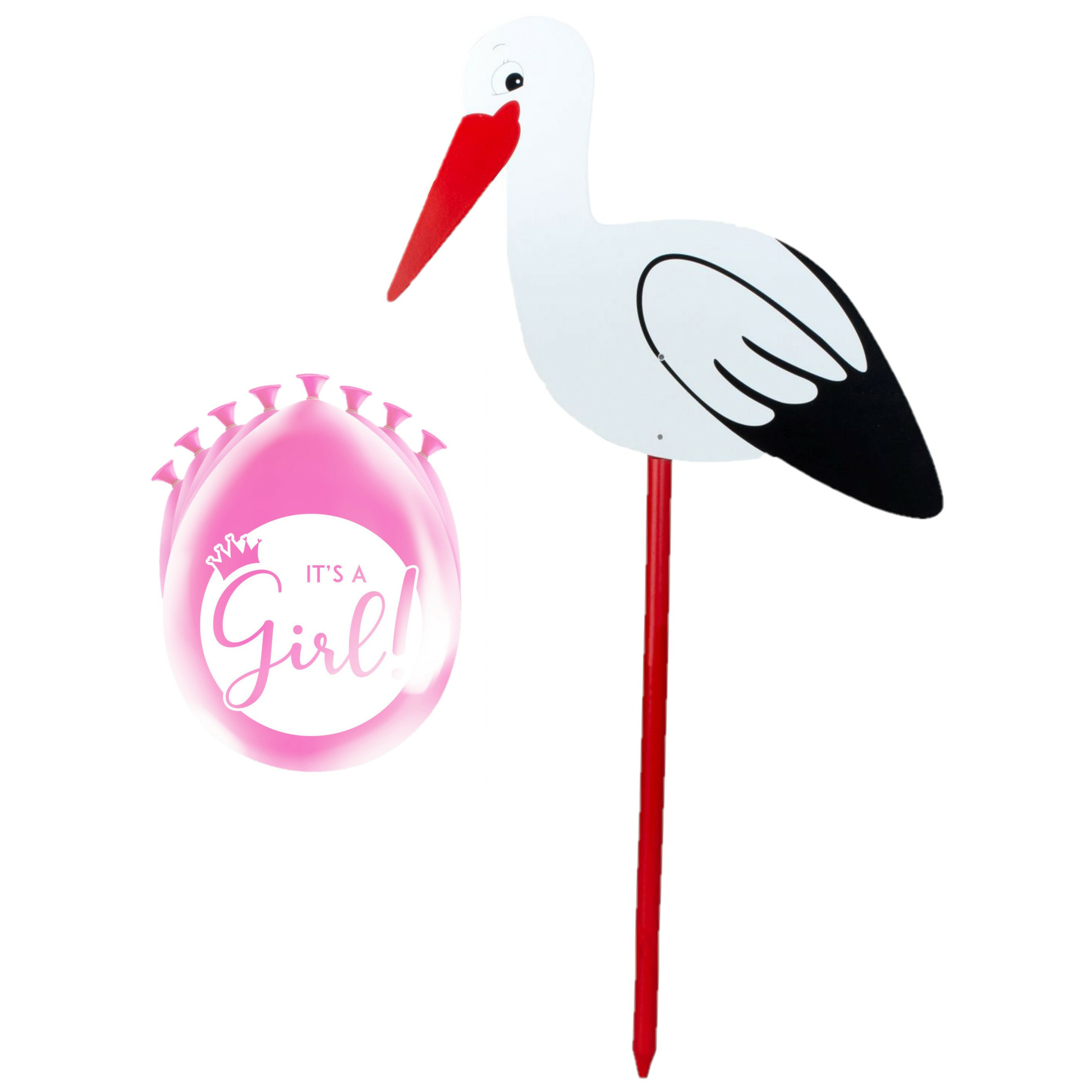 Geboorte versiering meisje - ooievaar geboorte bord - 100 cm hoog - 8x roze ballonnen -
