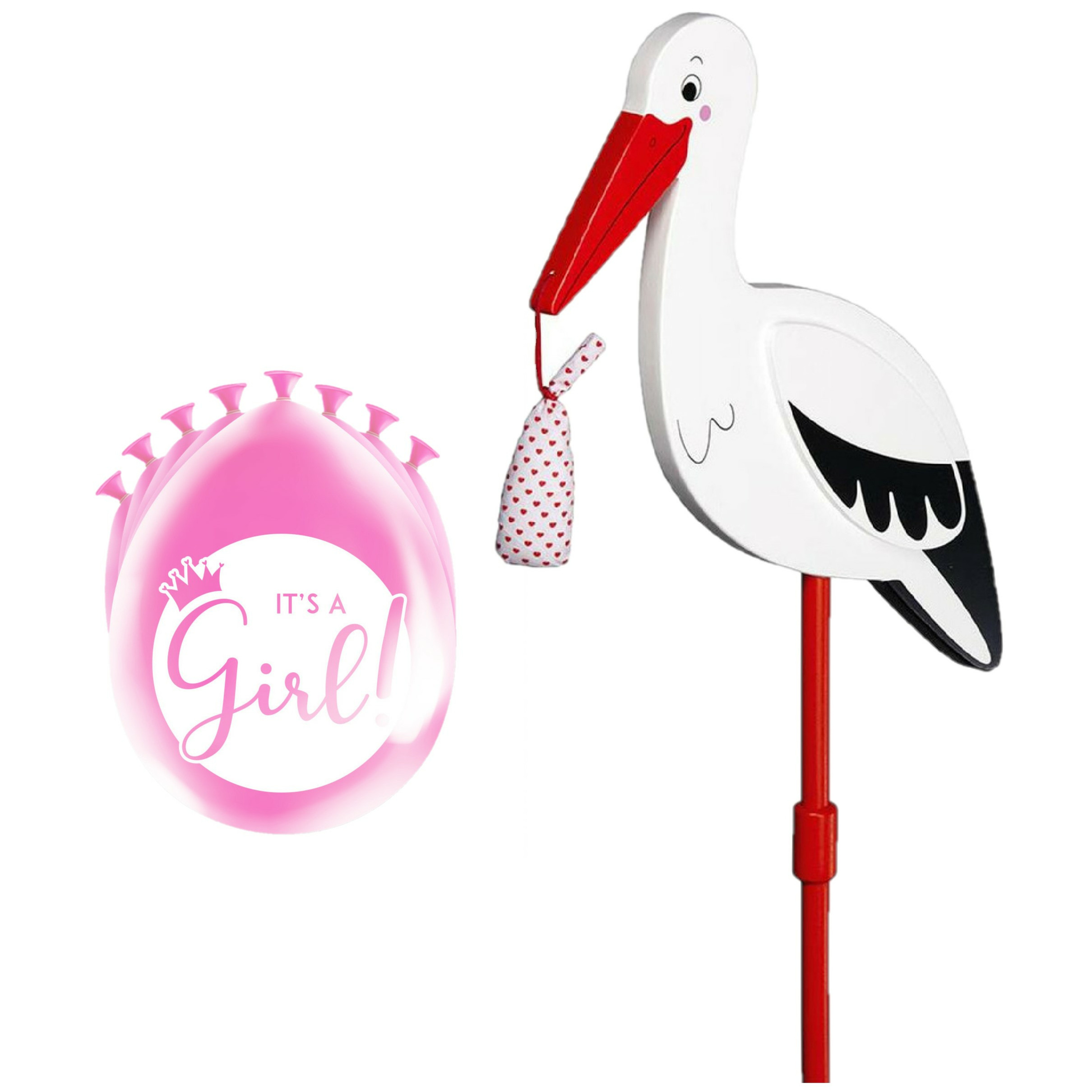 Geboorte versiering meisje - ooievaar geboorte bord - 77 cm hoog - 8x roze ballonnen -
