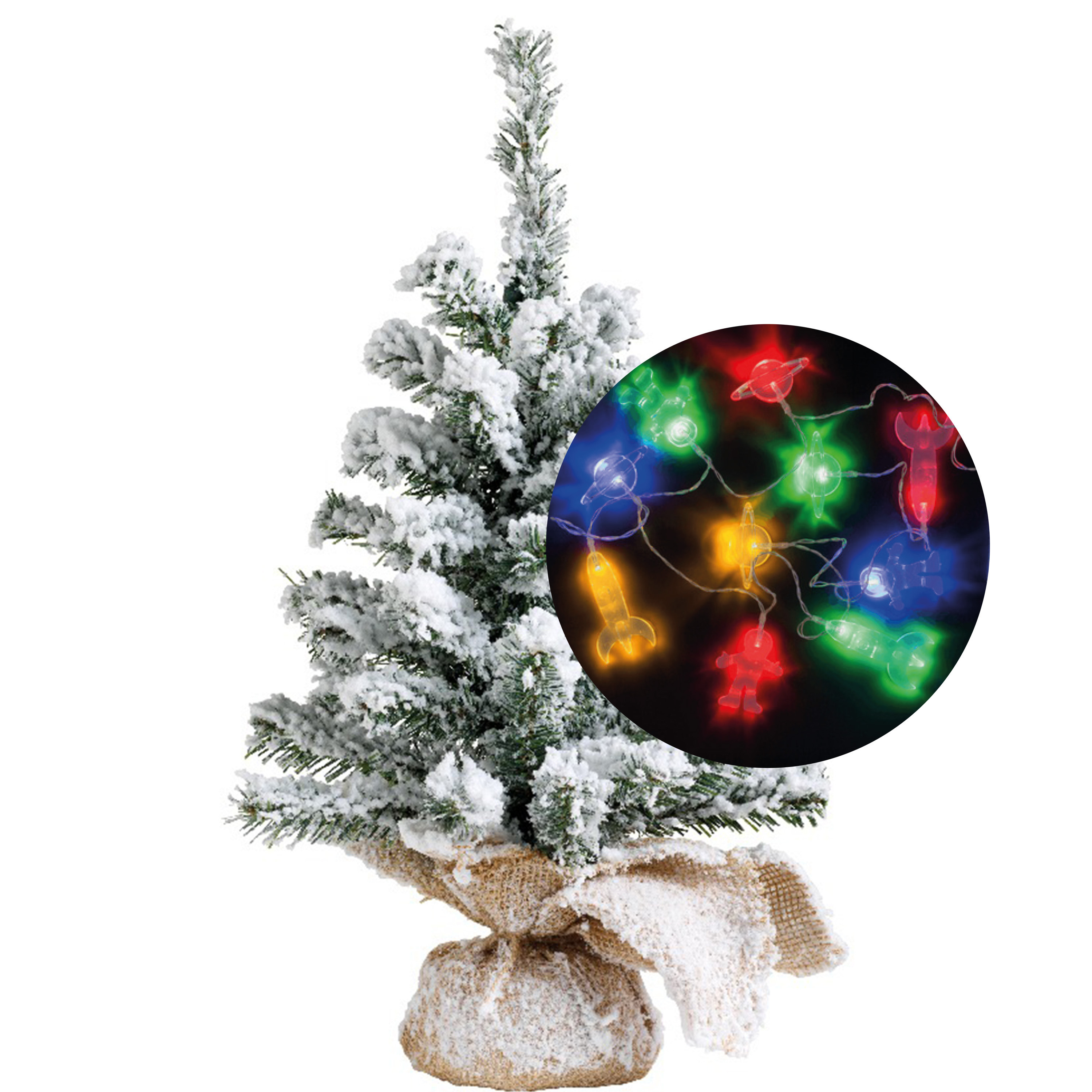 Mini kerstboompje met sneeuw - 45 cm - incl. ruimte/space thema lichtsnoer 165 cm - kunststof -