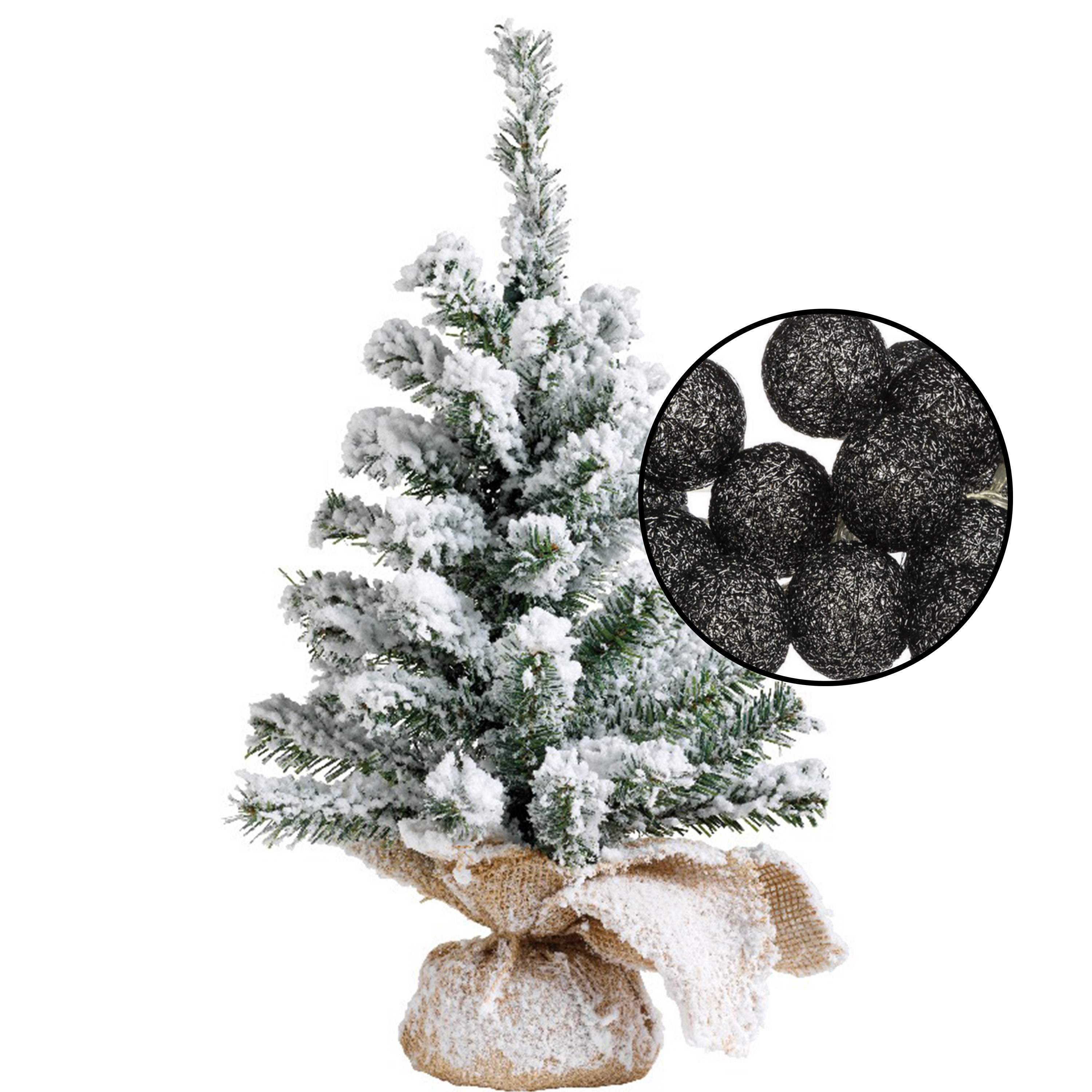 Mini kerstboom besneeuwd - met verlichting bollen zwart - H45 cm -
