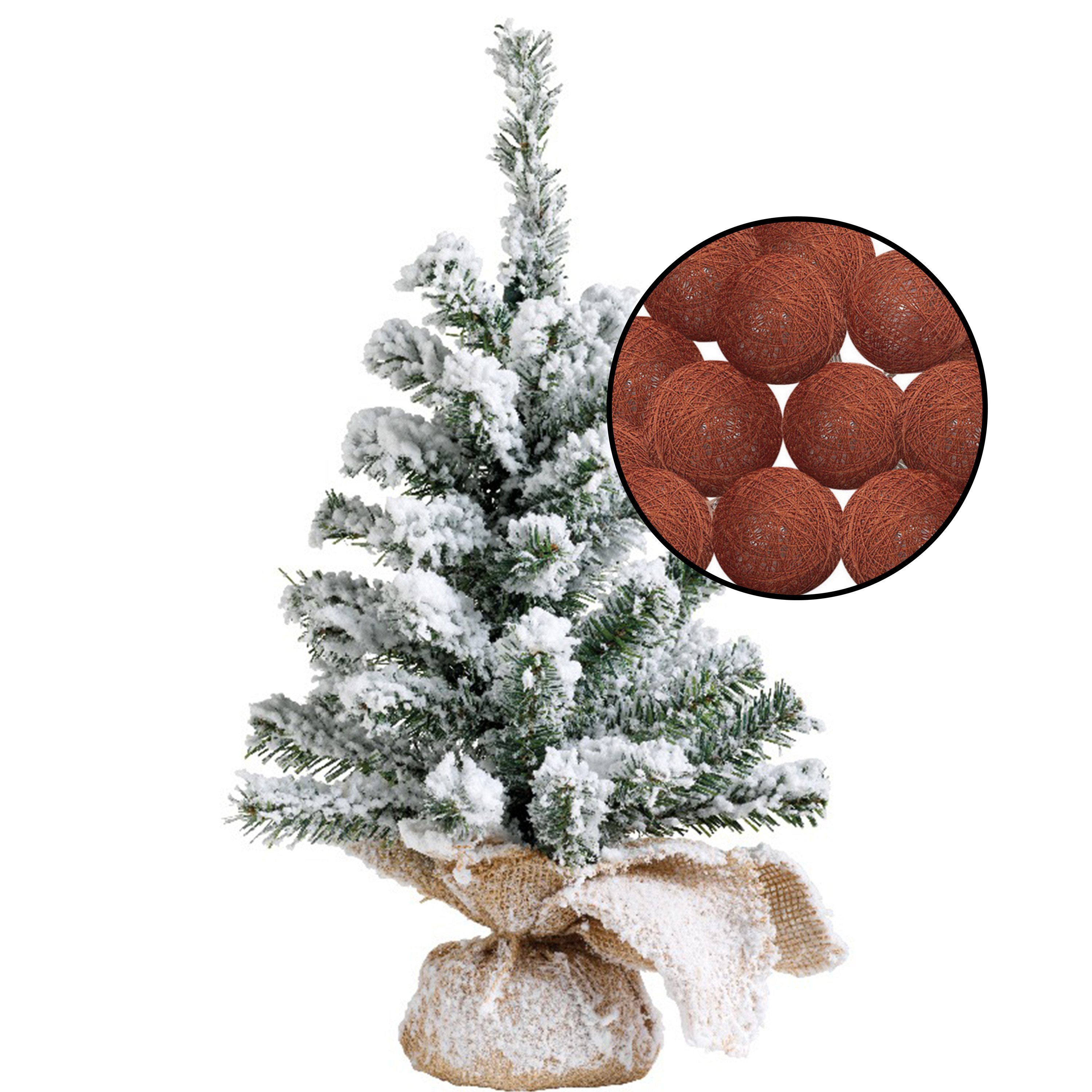 Mini kerstboom besneeuwd -incl. lichtslinger met bollen terracotta bruin- H45 cm -