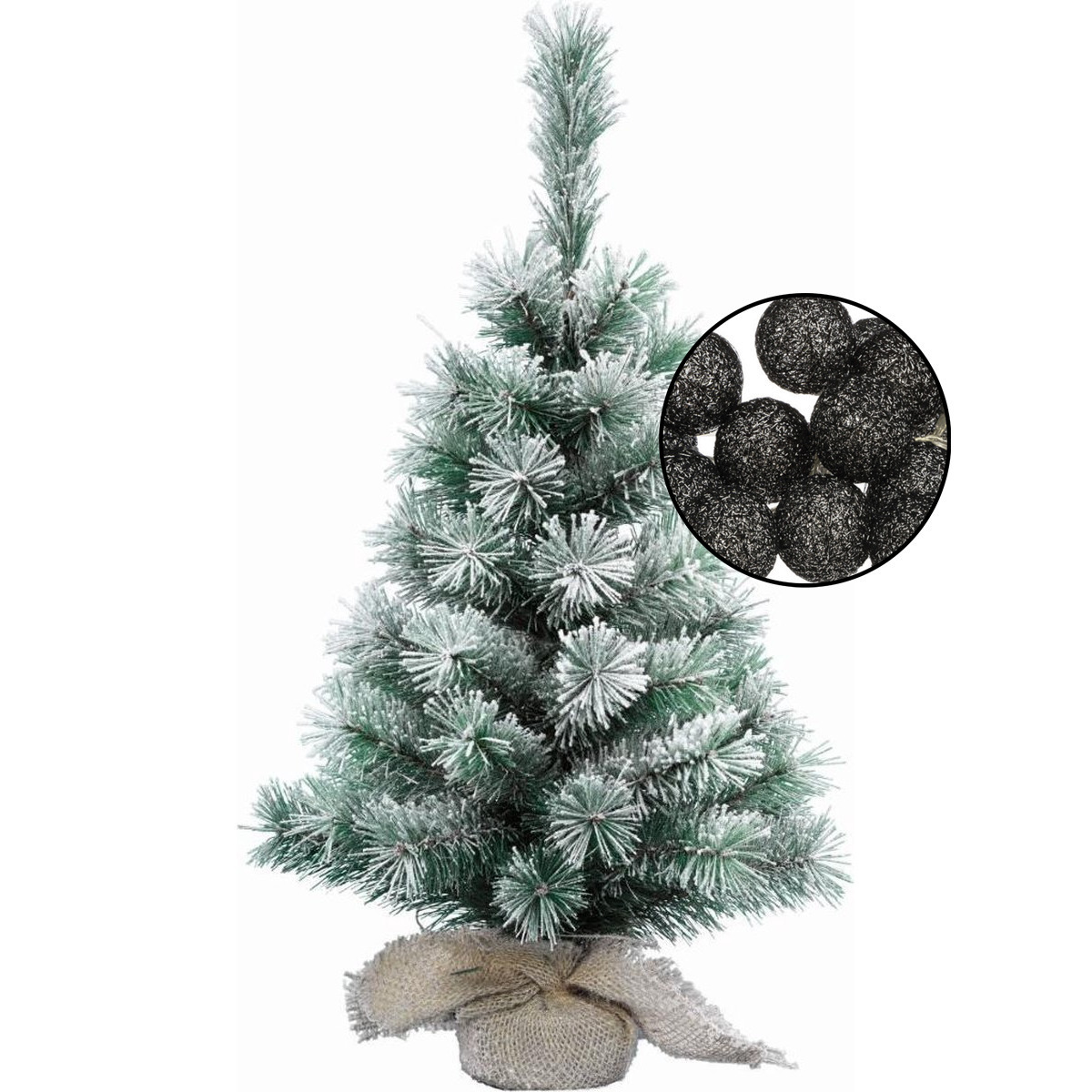 Mini kunst kerstboom besneeuwd -incl. lichtsnoer bollen zwart- H60 cm -