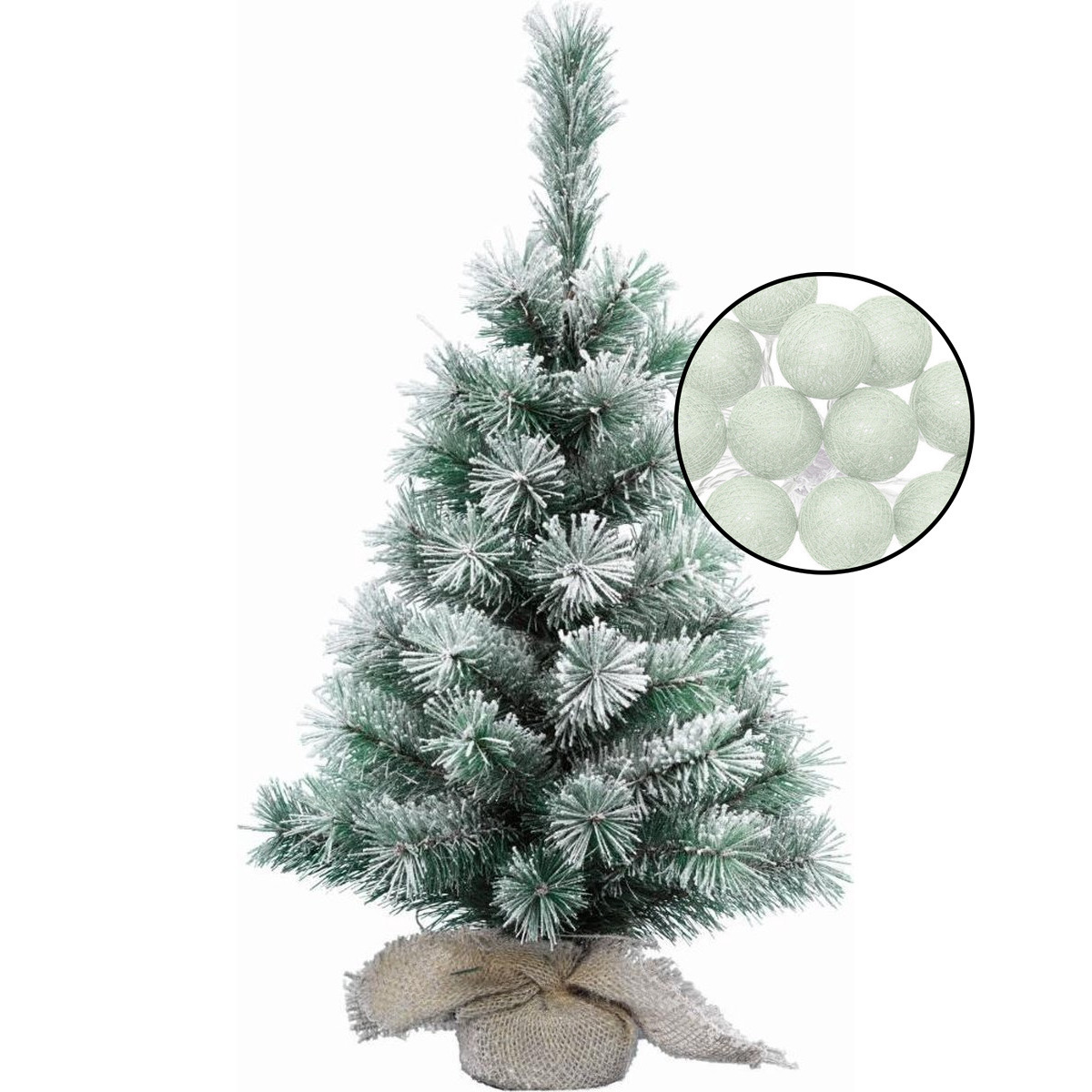 Kleine kunst kerstboom met sneeuw -incl. lichtslinger bollen lichtgroen - H60 cm -