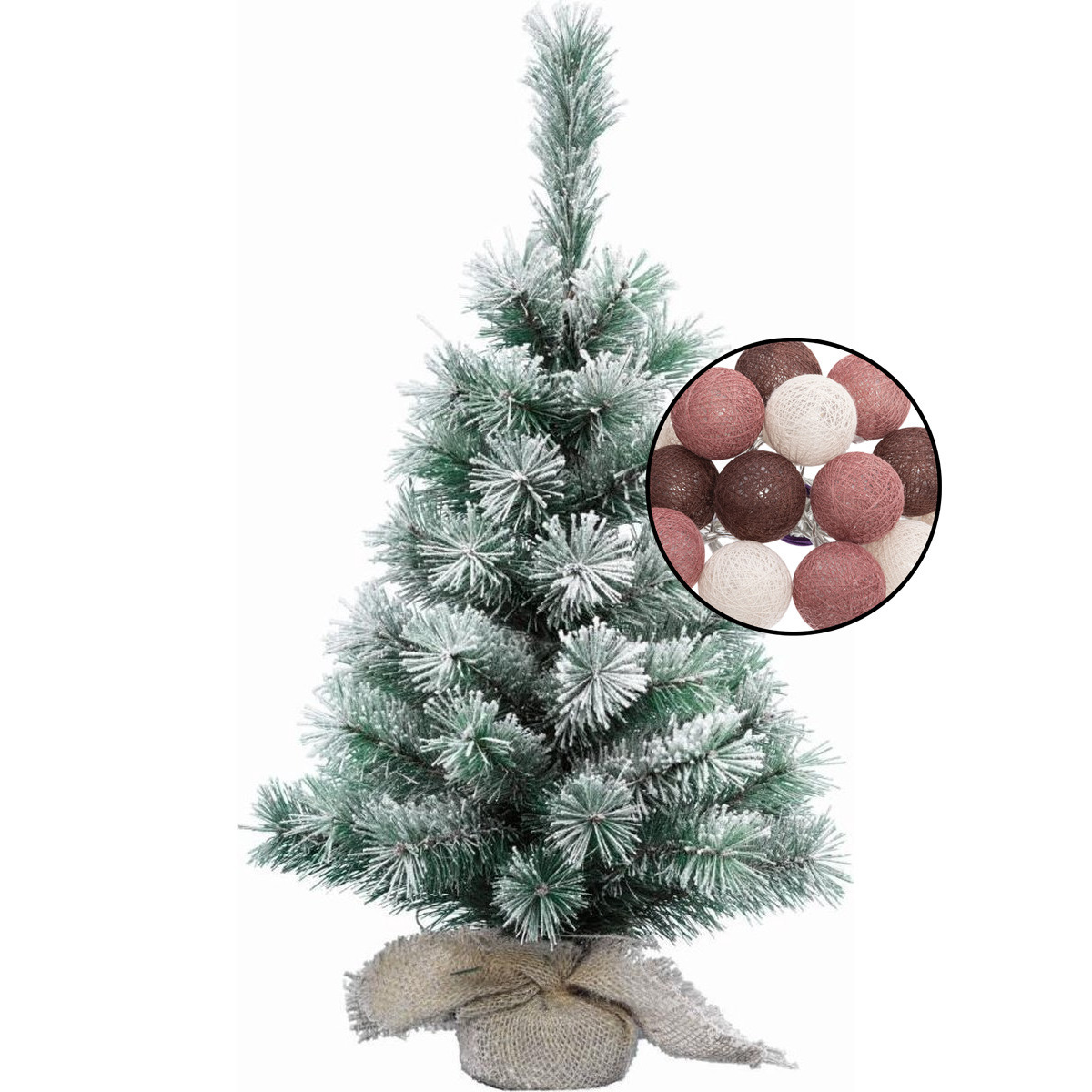 Mini kunst kerstboom besneeuwd -incl. lichtsnoer bollen mix rood - H60 cm -