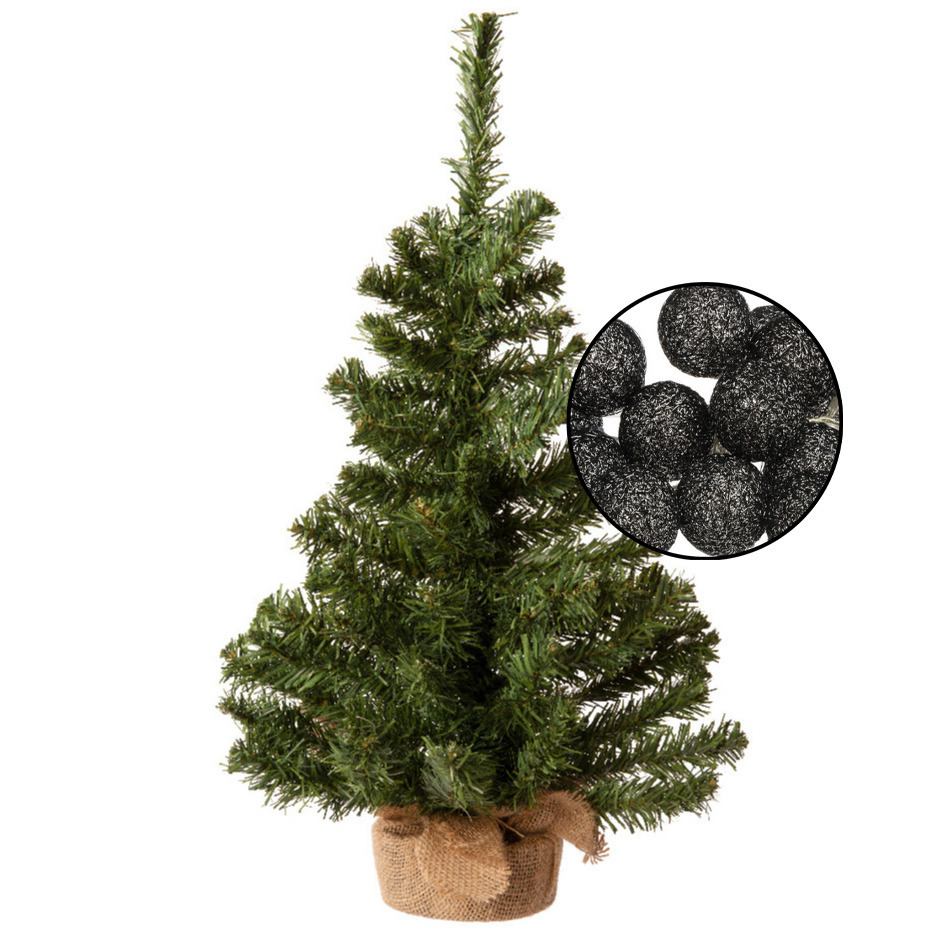 Mini kerstboompje groen - met verlichte bollen lichtsnoer zwart - H60 cm -