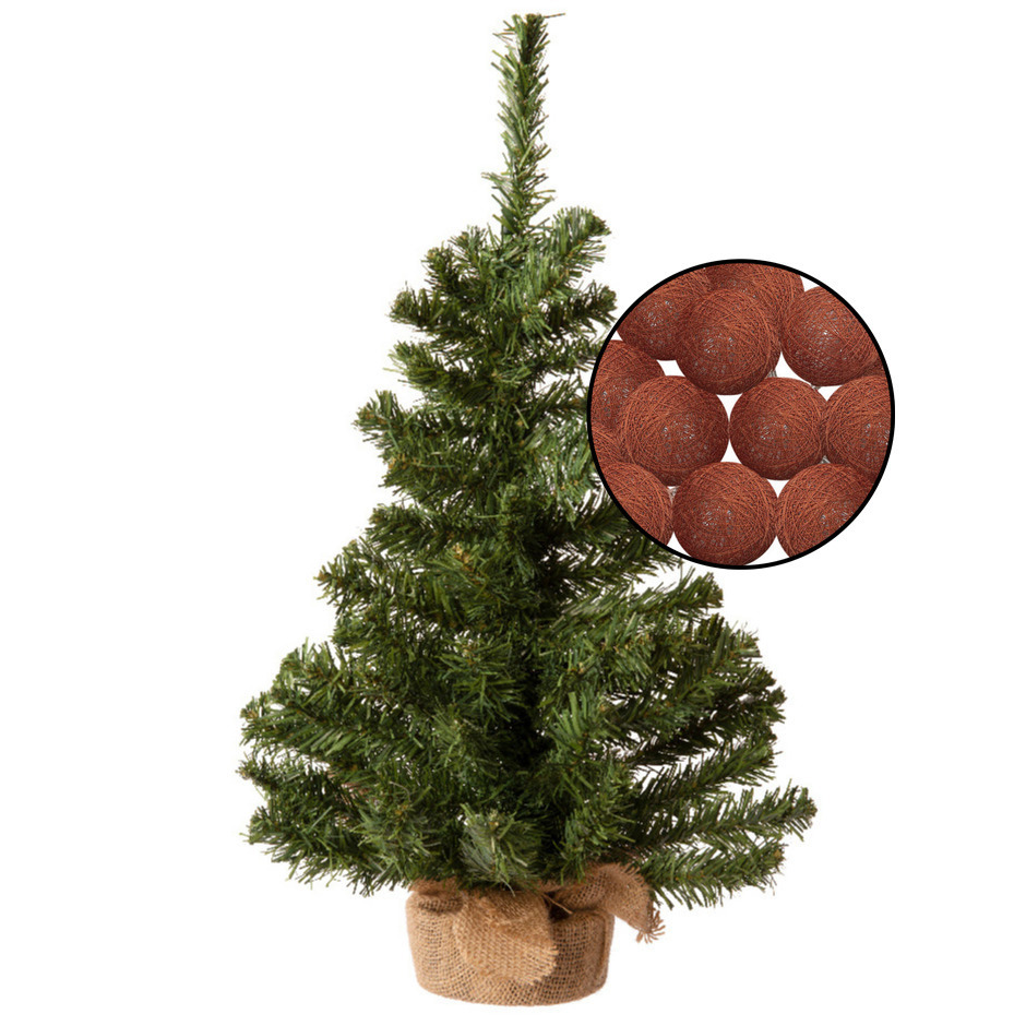 Miniboompje/kerstboom groen - met verlichting snoer bollen bruin - H60 cm -